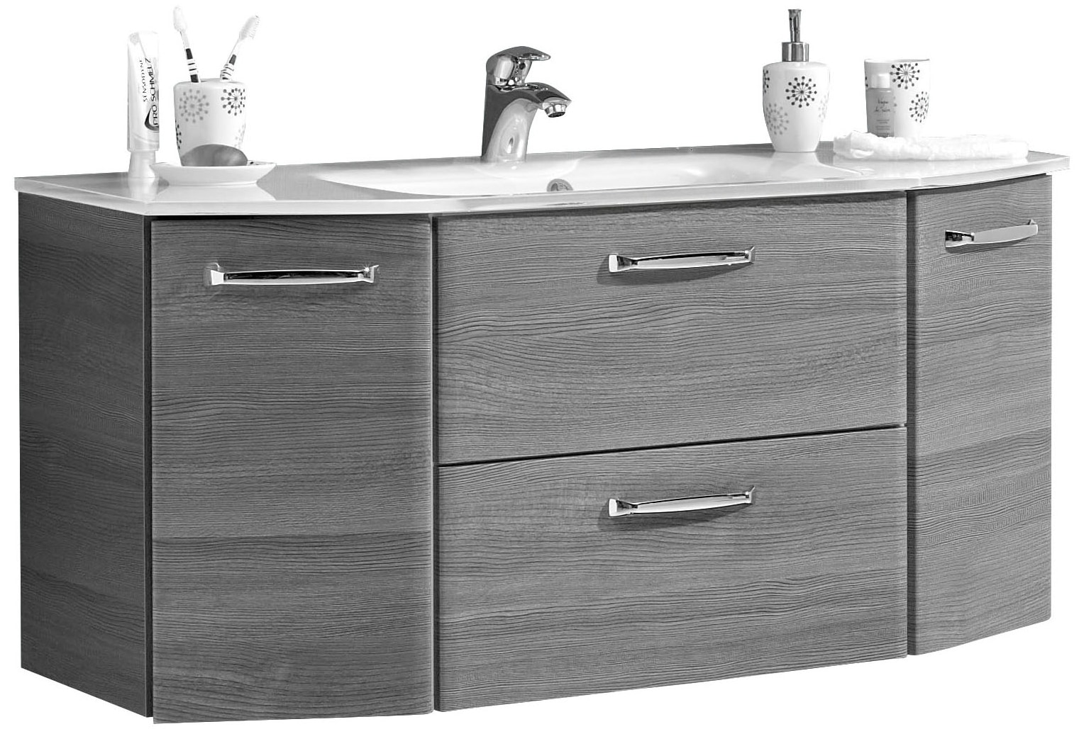 Image of Saphir Waschtisch "Quickset Waschplatz inkl. Glaswaschtisch, 112 cm breit, 2 Türen" Unterschrank mit Waschbecken, inkl. Türdämpfer, Griffe Chrom Glanz