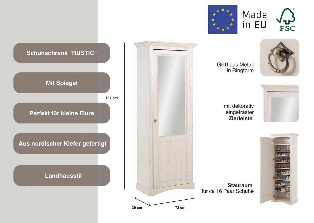 Home affaire Schuhschrank »Rustic«, aus massiver Kiefer, mit Spiegel, für ca. 16 Paar Schuhe