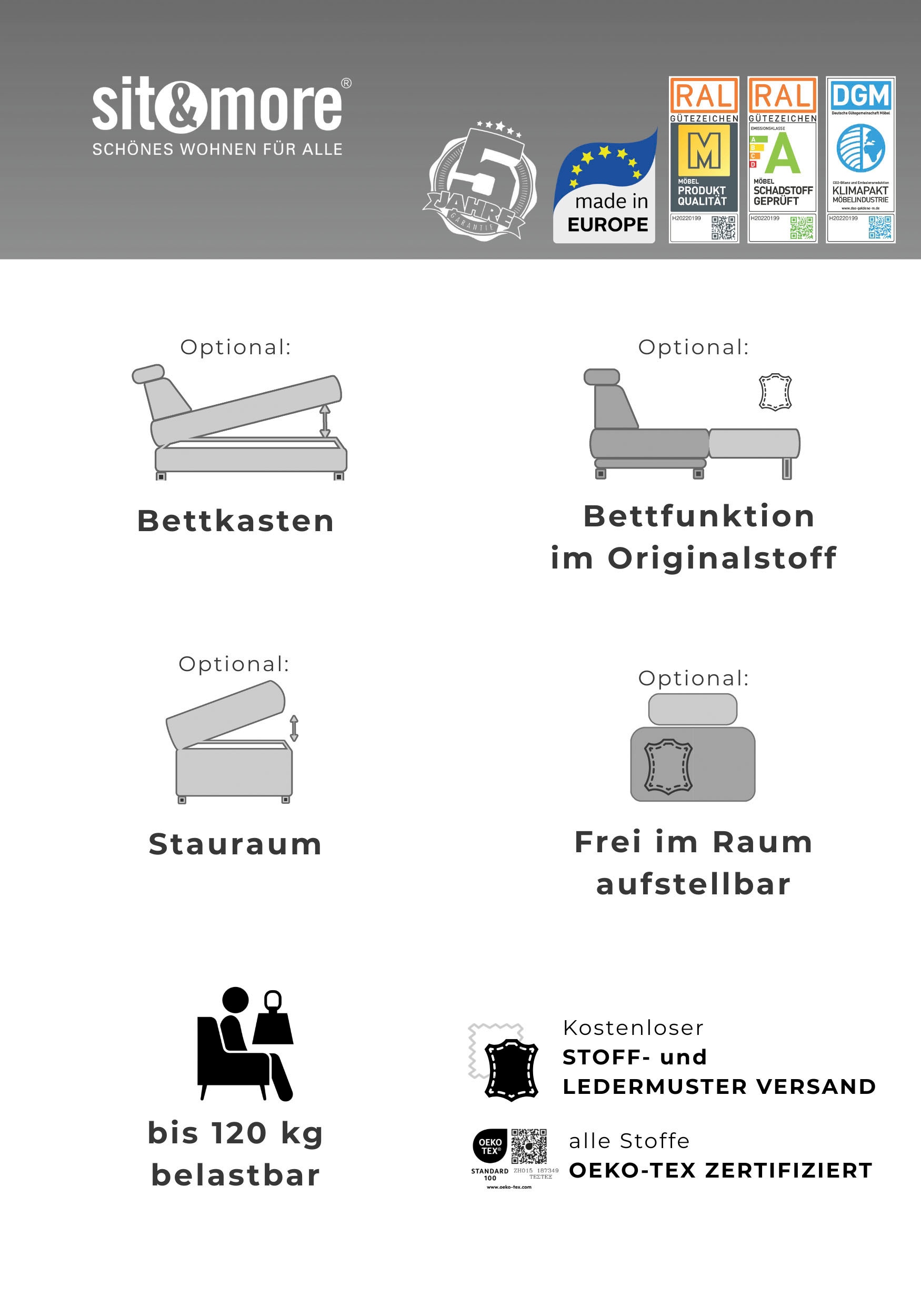 sit&more Ecksofa »Vanity L-Form, B: 264 cm, Leder« Inkl.Sitz-,Kopf-und Armteilverstellung