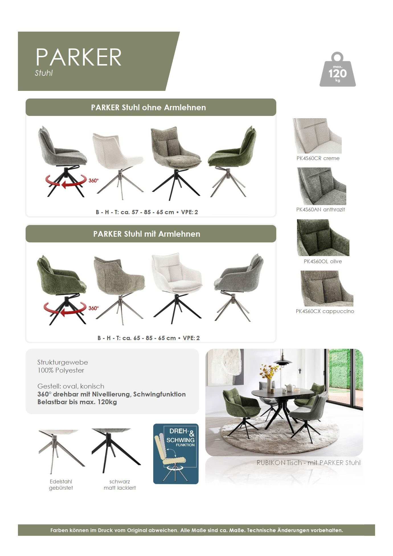 MCA furniture Chaise de salle à manger »PARKER« () (2er-Set), drehbar 360°, Dreh- & Schwingfunktion, Belastbarkeit 120 kg