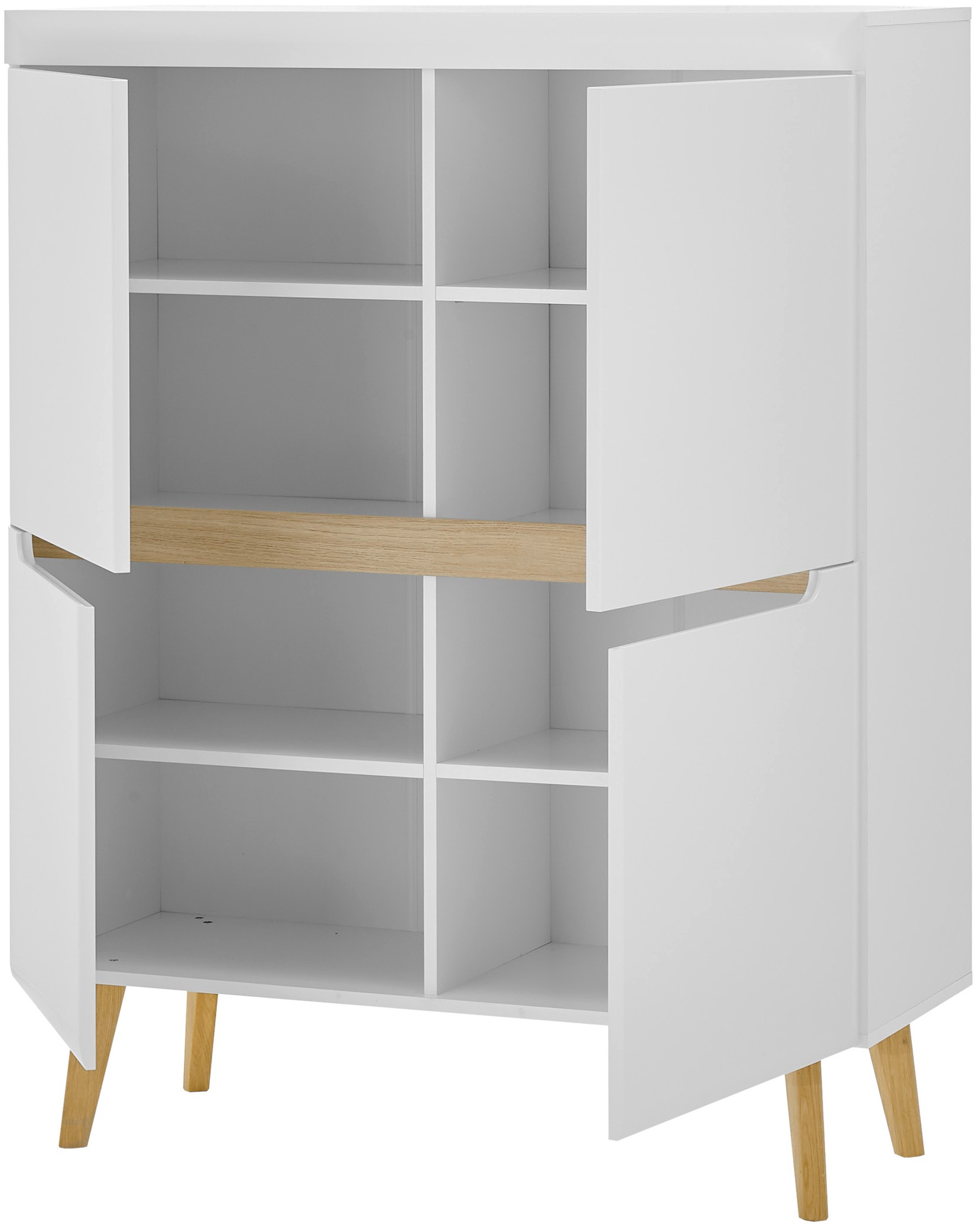 INOSIGN Highboard »Torge, Kommode, Schrank, Sideboard, Anrichte, Mehrzweckschrank«, (1 St.), abgeschrägte Füsse, drei Farben, Scandi Design, 107 cm breit