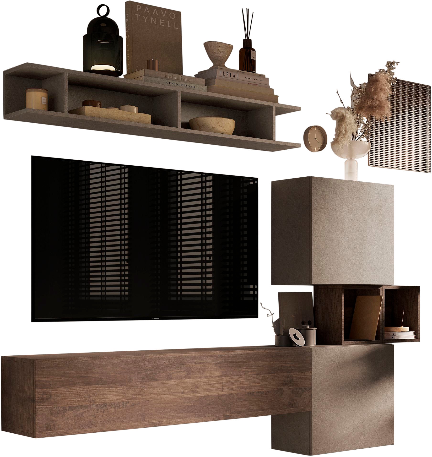 INOSIGN Wohnwand »INFINITY, 5tlg. Breite 215 cm, Höhe variabel, Schrankwand, Anbauwand«, (5 St.), (Lowboard hängend, 2x Hängewürfel, Würfelregal Set, Wandregal)