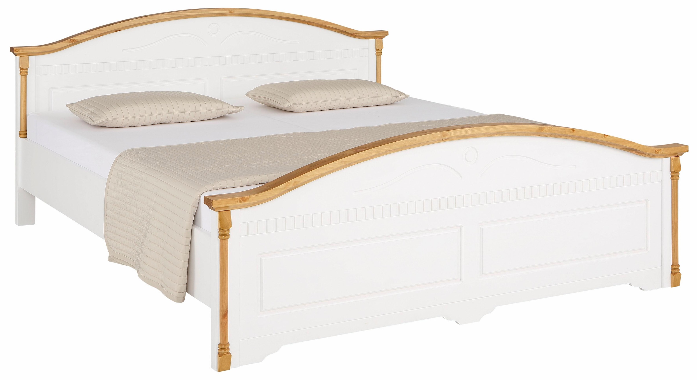 Home affaire Massivholzbett »Graz, hohe Belastbarkeit, klassischer Landhausstil, FSC® zertifiziert«, (Breite/Belastbarkeit 180cm/220 KG, 90cm/=120KG), mit dekorativen Fräsungen, inklusive Lattenrost
