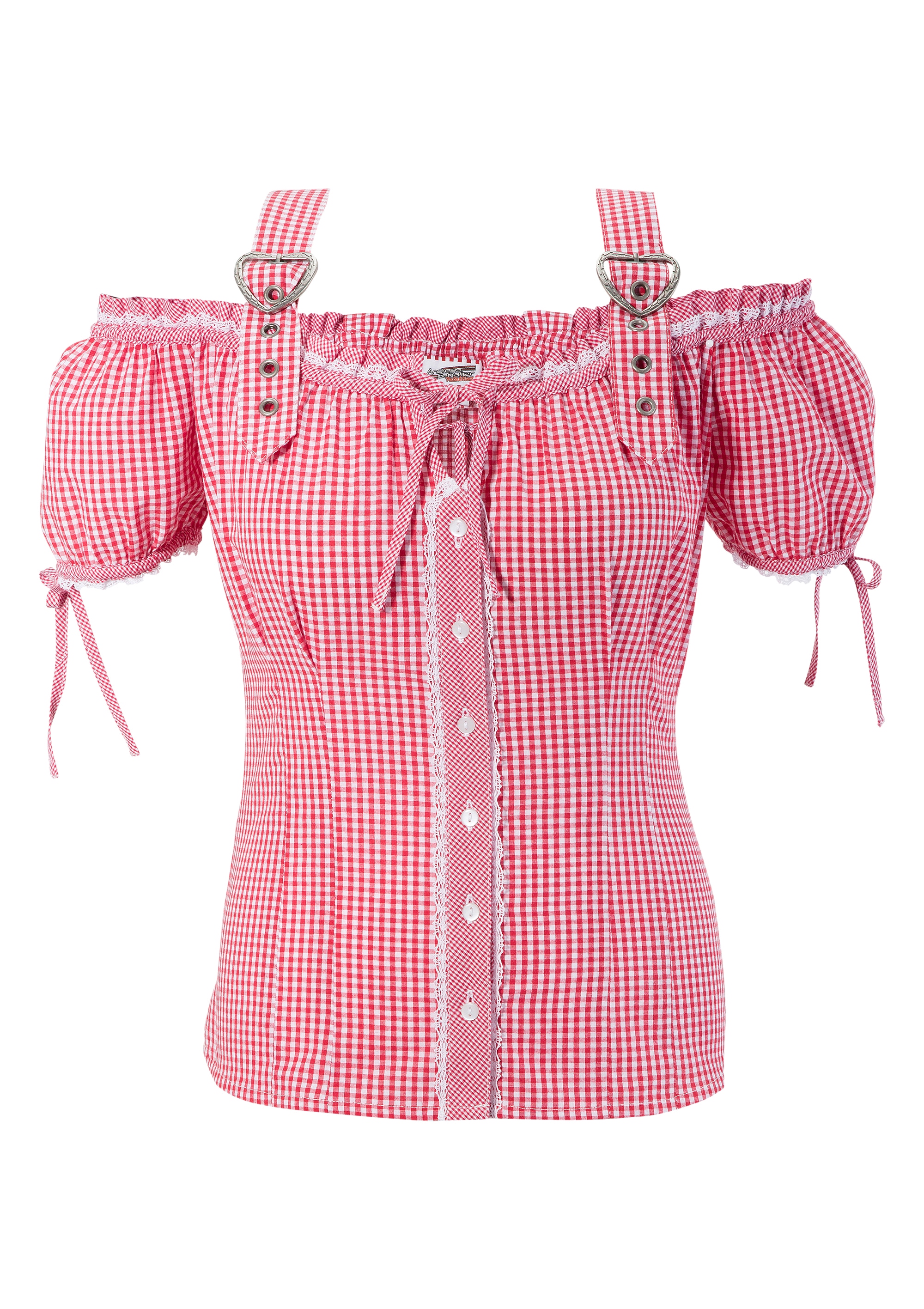 Trachtenbluse mit Rüschen und Häkelborte