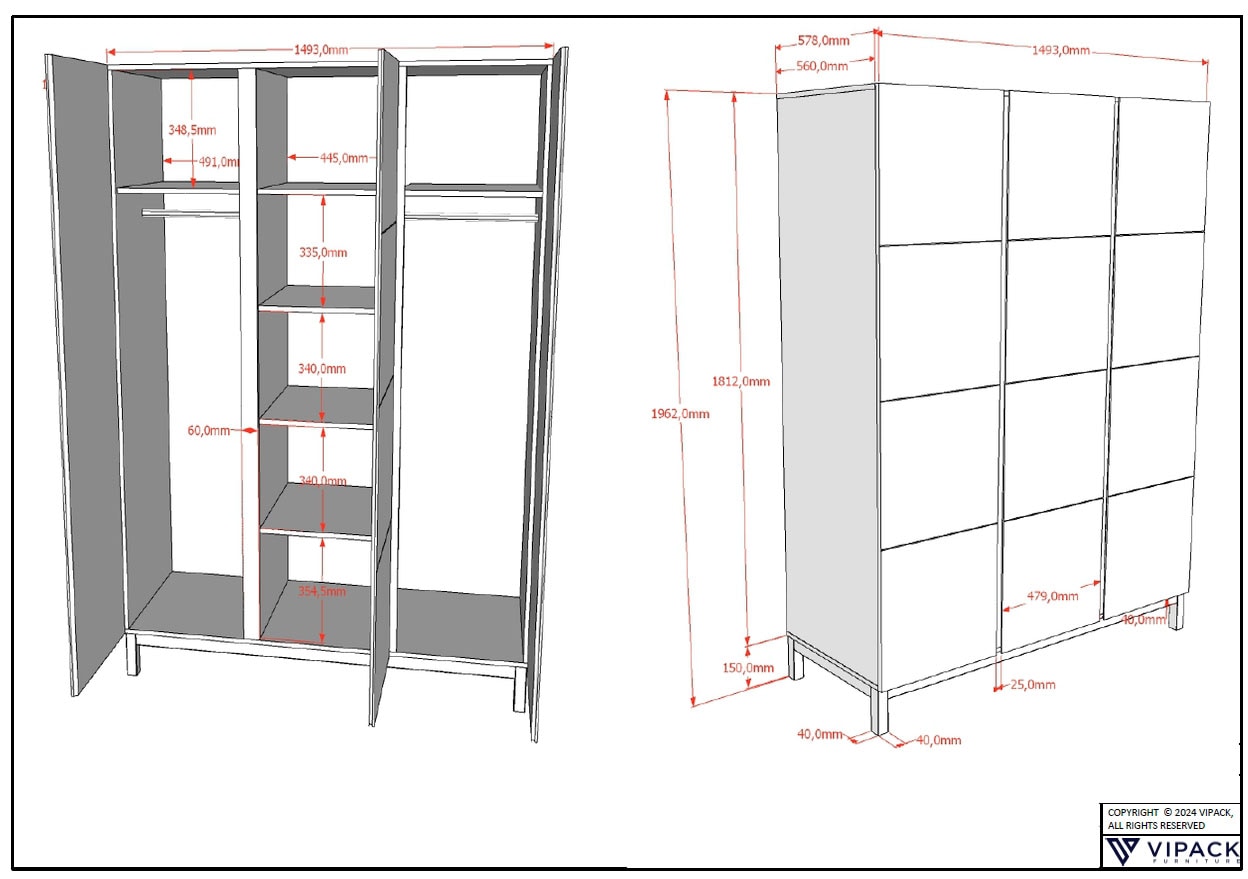 Vipack Kleiderschrank »in modernem Design, Türen mit Profilfräsung, pflegeleichter Oberfläche« mit 3 Drehtüren inkl. Soft-Close, Wäschwfächer, Ausf. weiss lackiert