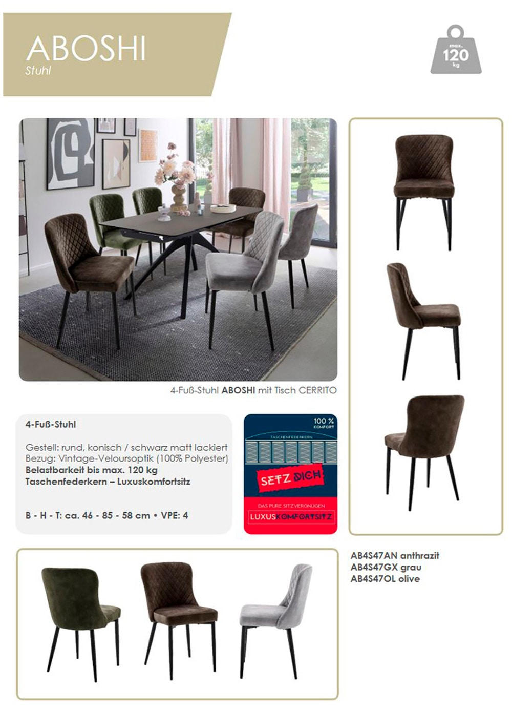 MCA furniture 4-Fussstuhl »ABOSHI Esszimmerstuhl (4er Set)«, (Set), 4 St., Veloursstoff, Taschenfederkern, Metall schwarz,Vintage-Veloursoptik,belastbar 120 kg