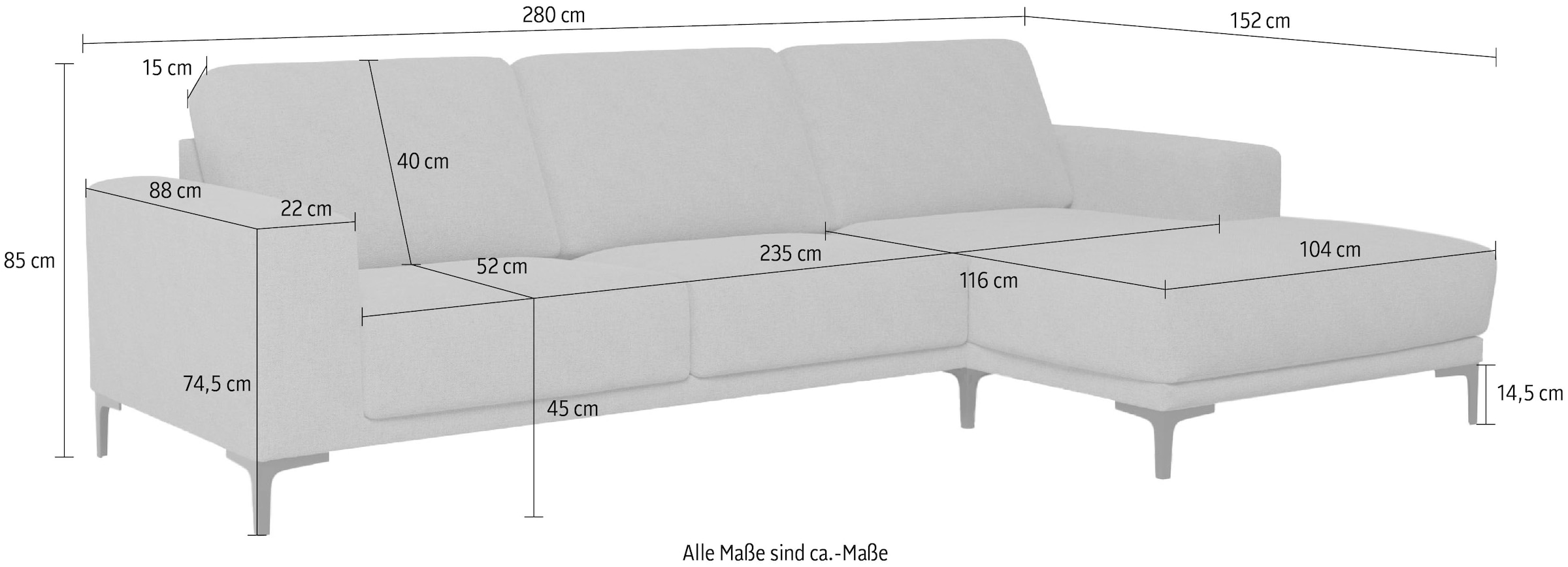 Places of Style Ecksofa »Xander, L-Form,«, Breite 280 cm, Soft-Touch Chenille, schwarze Metallfüssen