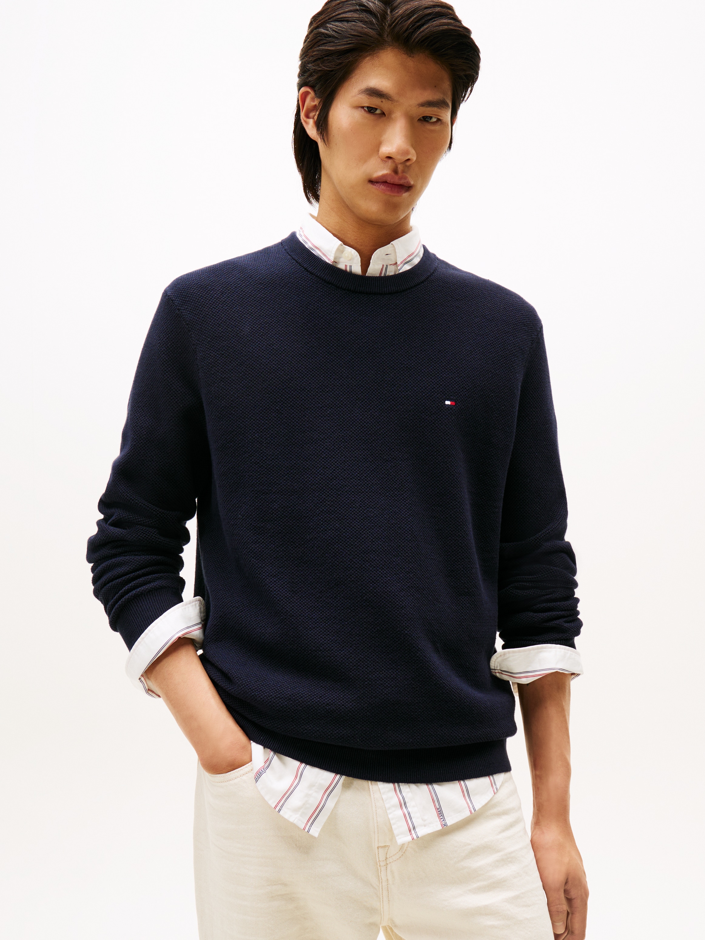 Tommy Hilfiger Rundhalspullover »ESSENTIAL STRUCTURE CREW NECK mit Struktur und Label«, unifarben, casual, regular fit, Baumwolle, Rundhals