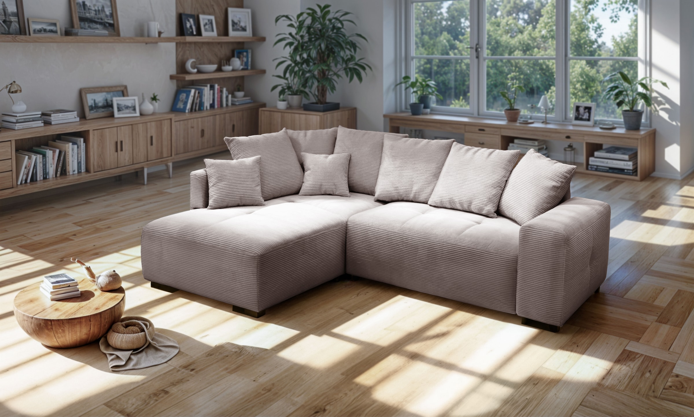 Image of exxpo - sofa fashion Ecksofa "Arpino, Bett & Bettkasten, Ottomane beidseitig montierbar, L-Form" Breite 243cm, komfortable Wellenunterfederung, moderner Cord Bezug
