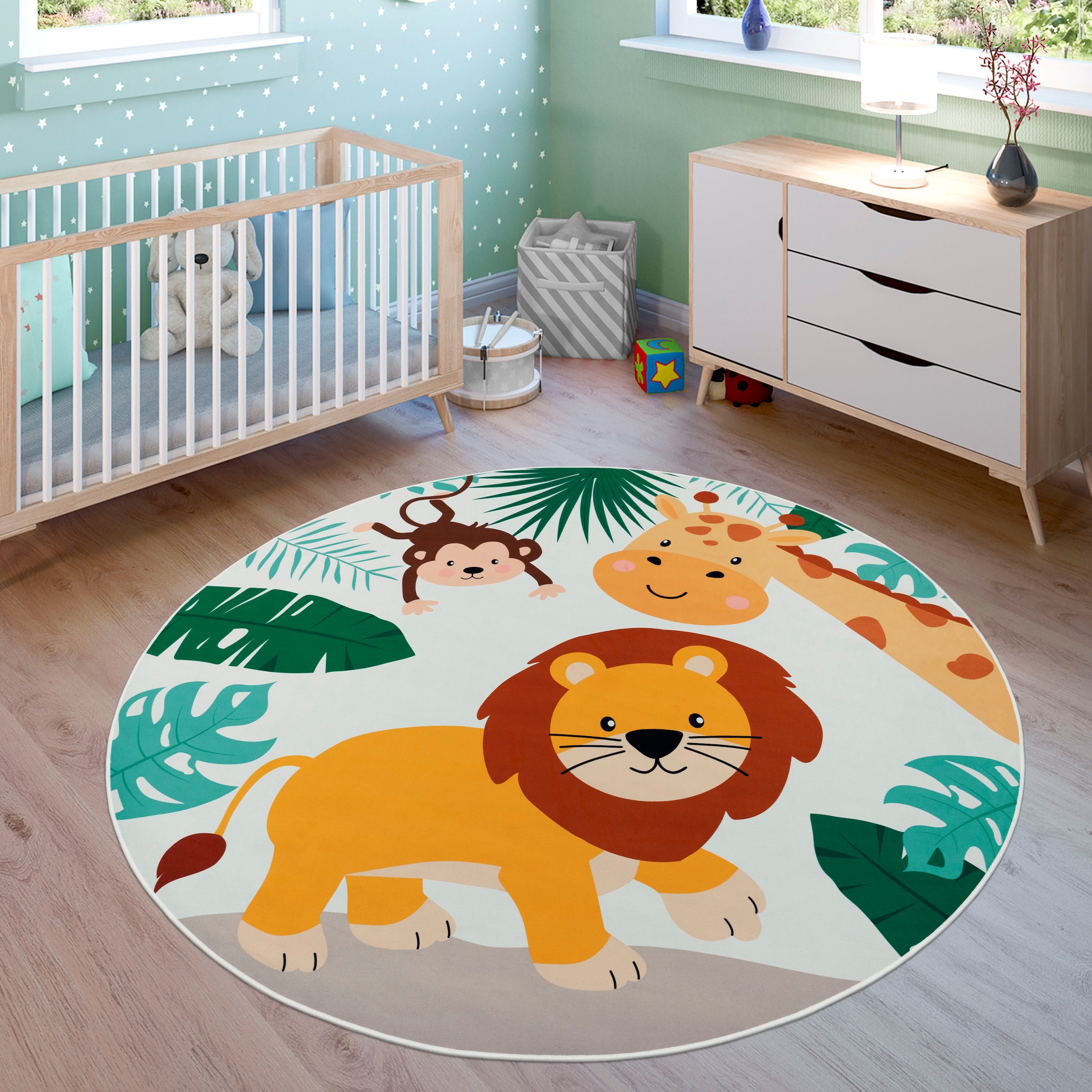 Image of Paco Home Kinderteppich "Bino 582" rund 4 mm Höhe Spielteppich, Motiv Tiere, Löwe & Giraffe, Kinderzimmer