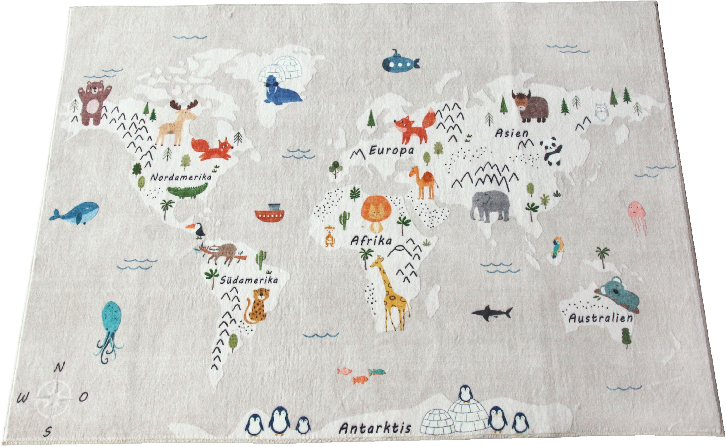 my home Kinderteppich »Weltkarte«, rechteckig, 9 mm Höhe, Tiere, weich, modernes Design, Kinderzimmer, 2 Farbvarianten