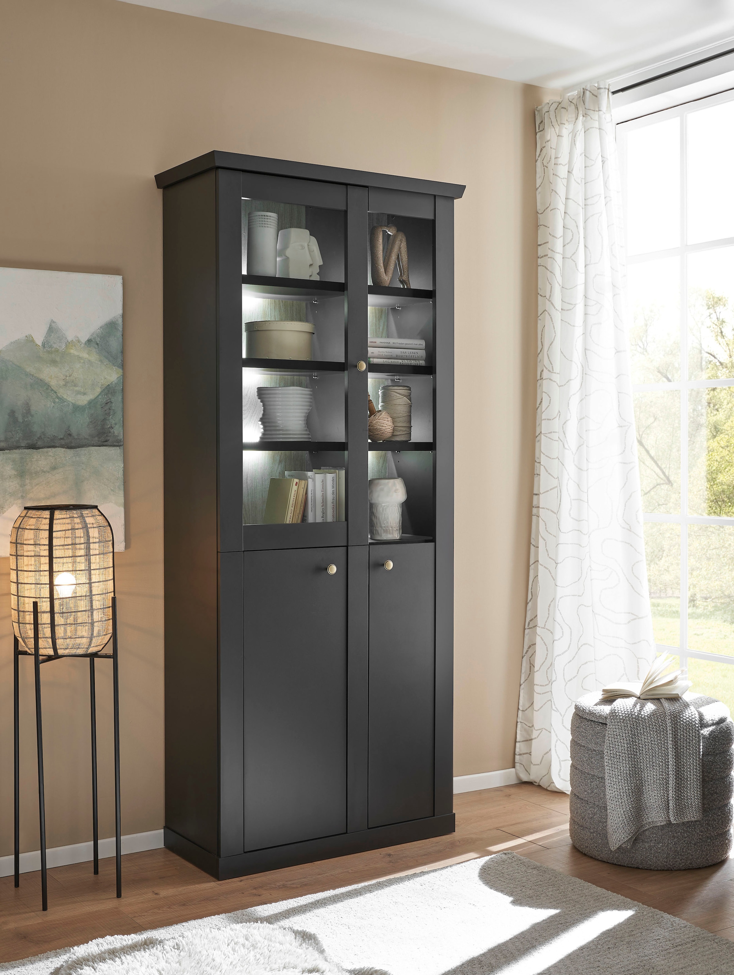 Home affaire Vitrine »Lincoln, Hochschrank im Landhausstil, moderne Glasvitrine« edles Design, messingfarbene Knopfgriffe, vielseitig einsetzbar