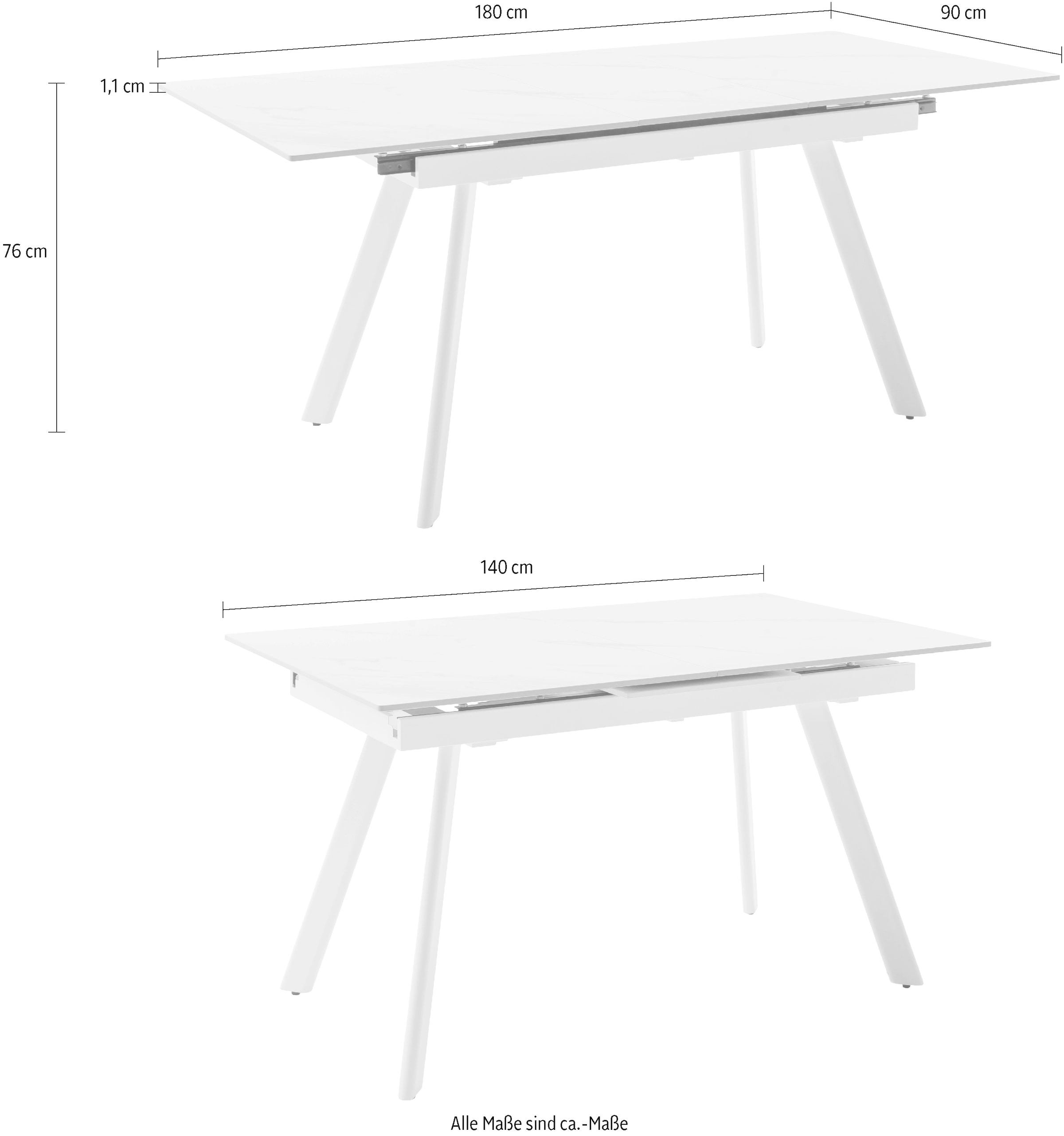 MCA furniture Esstisch »PARENZO Auzugtisch 140-180 cm weiss marmoriert - bis 8 Personen«, (1 St.), Keramik, Metall weiss, Synchronauszug, ausziehbar, 6-8 Personen