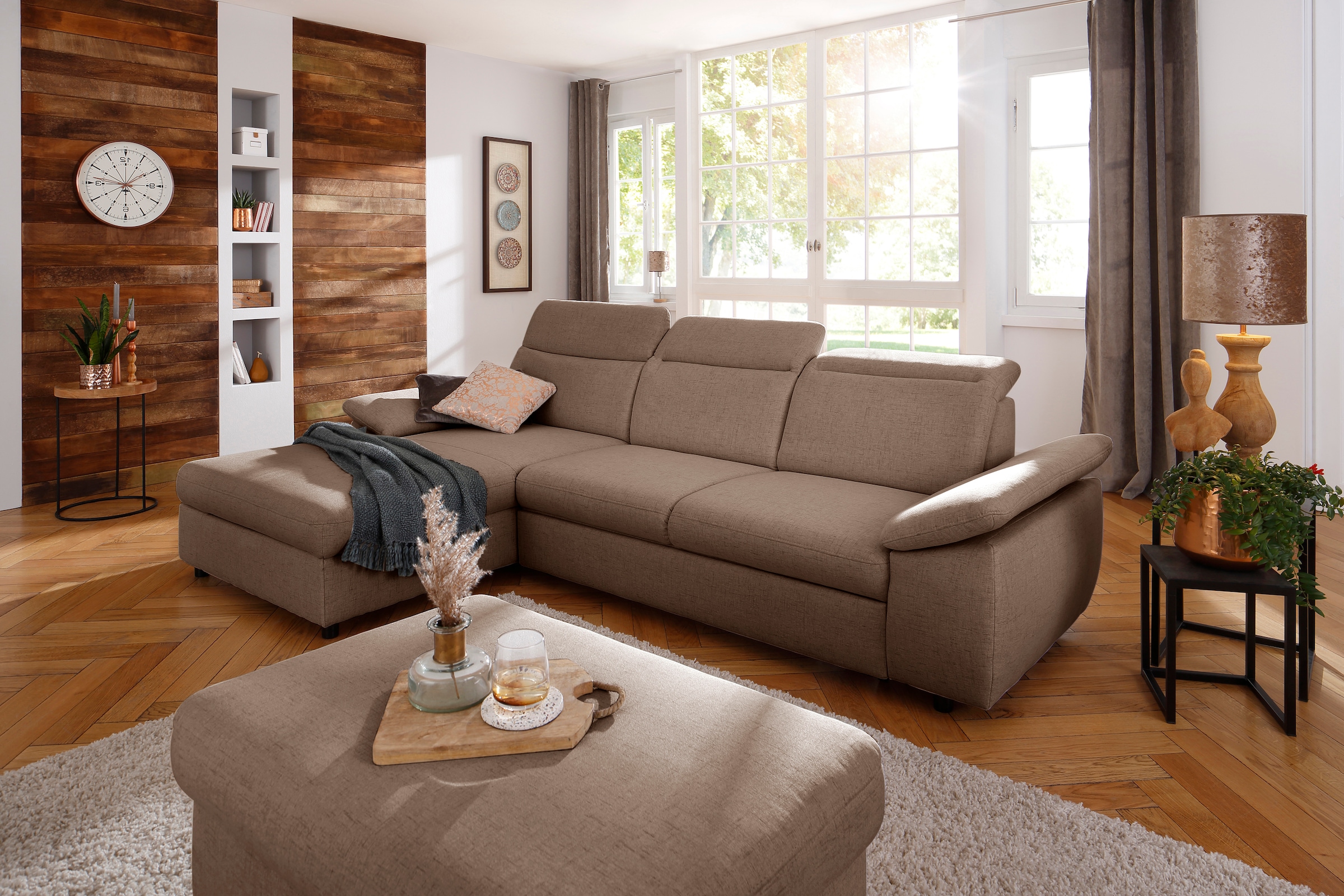 Home affaire Canapé d'angle »Mauritius L-Form« mit Kopfteil- und Armlehnverstellung, mit Bettfunktion und Bettkasten