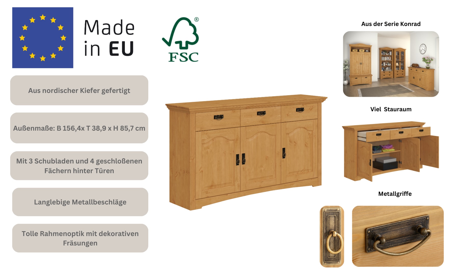 Home affaire Kommode »Konrad«, aus massiver Kiefer, Breite 156 cm, mit Schubladen, FSC®