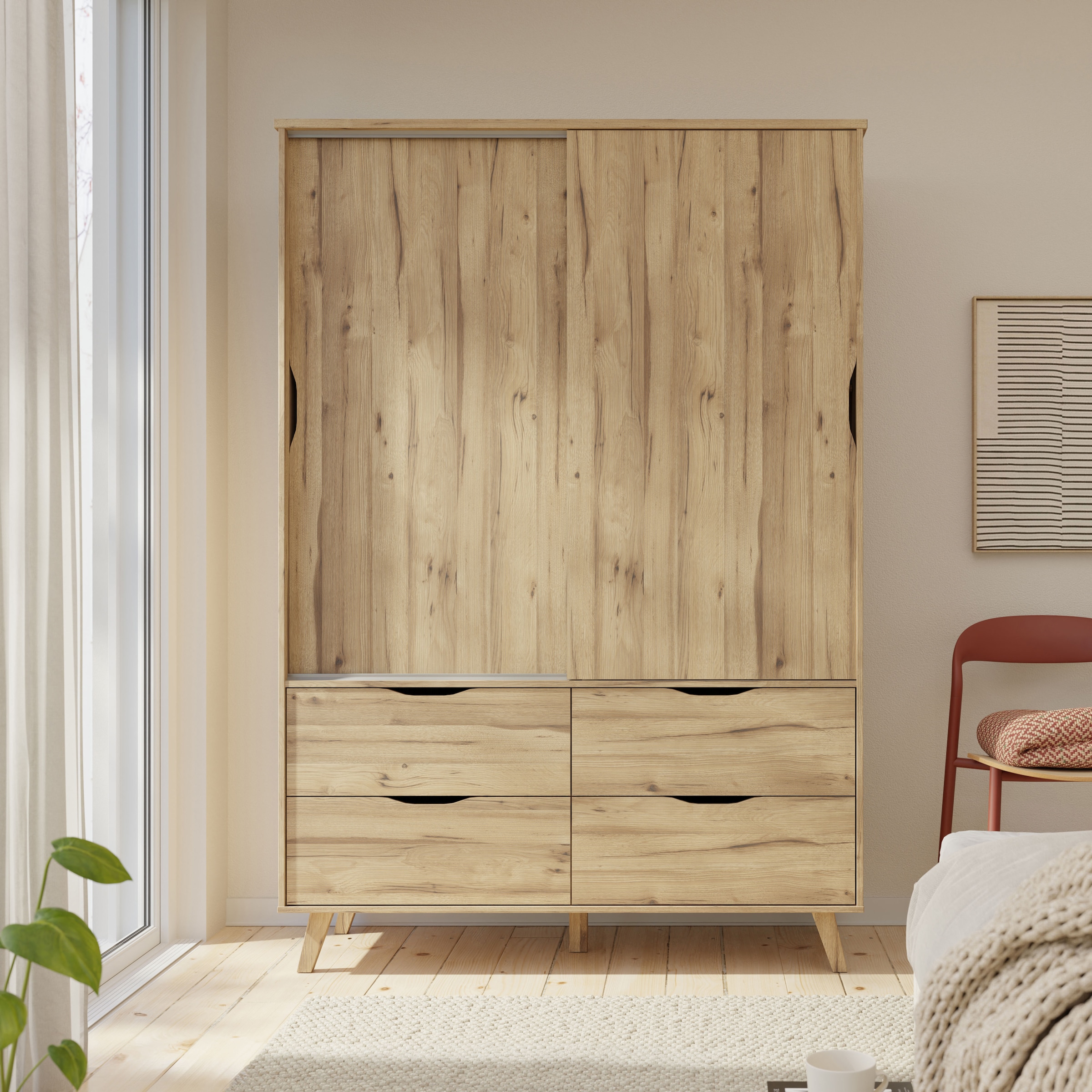 FORTE Schiebetürenschrank »Vankka Viel Stauraum, skandinavischer Stil« B/H/T ca.140x200x50cm,  Made in Europe, mit Einlegeböden+Kleiderstange+Schubladen,grifflos