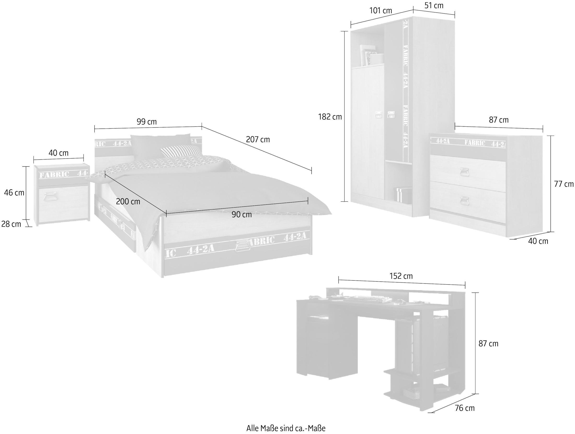 Parisot Jugendzimmer-Set »Fabric 20«, (Set, 6-teilig), mit LED- Beleuchtung