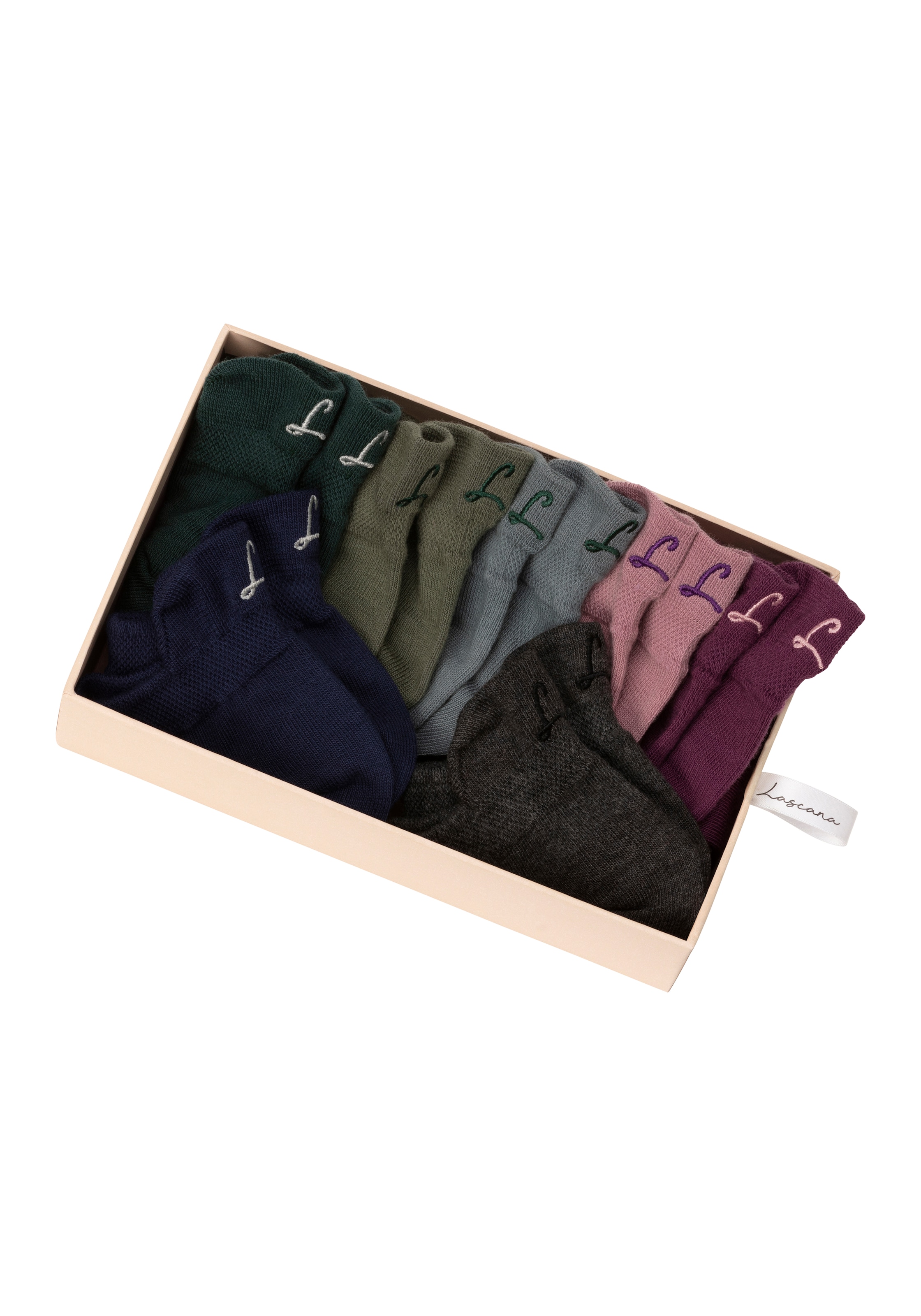 LASCANA Sneakersocken, (Box, 7 Paar, Box), mit kleiner Stickerei