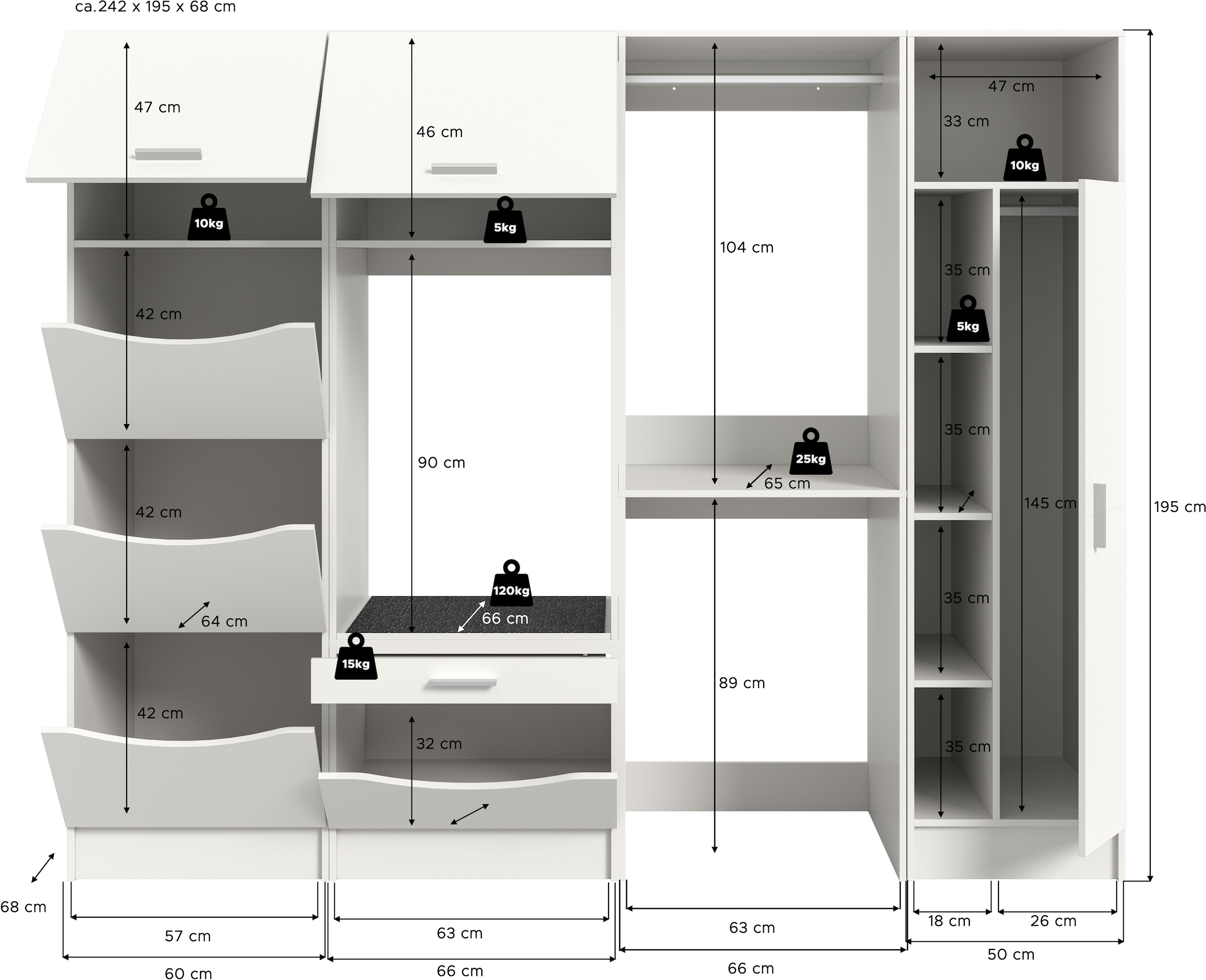 welltime Ensemble de meubles de salle de bain »FALAS, TOPSELLER!, 4-teilig, Hauswirtschaftsraum Set, Breite 248 cm« 1x Wäsche-, 2x Waschmaschinenumbau- & 1xMehrzweckschrank, 