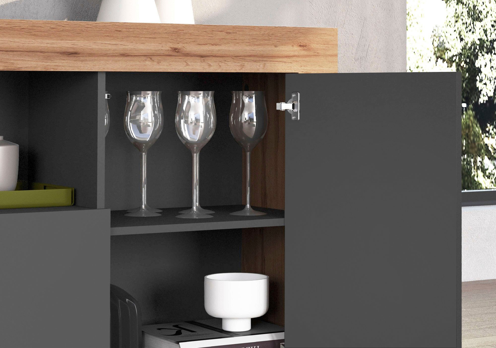 INOSIGN Sideboard »CHRONOS Breite 155 cm mit 3 Türen, 1 offenes und 6 geschlossene Fächer«, (1 St.), Sideboard,Kommode, Schrank, Grifflos mit Push to Open, Made in Italy