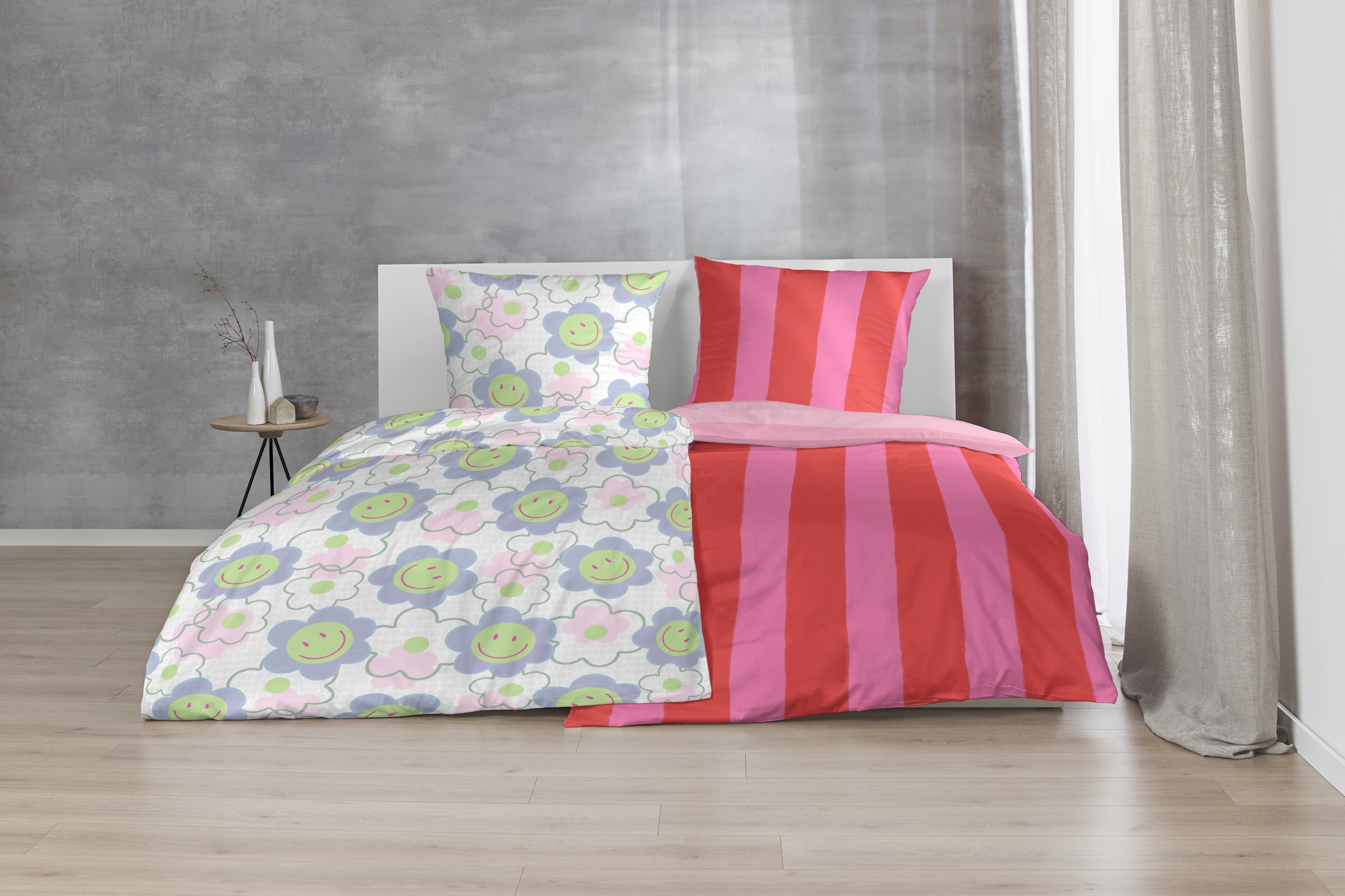 Primera Linge de lit »Renforce-Bettwäsche Smile for me« 2 cuis avec fleurs smiley aux couleurs vives