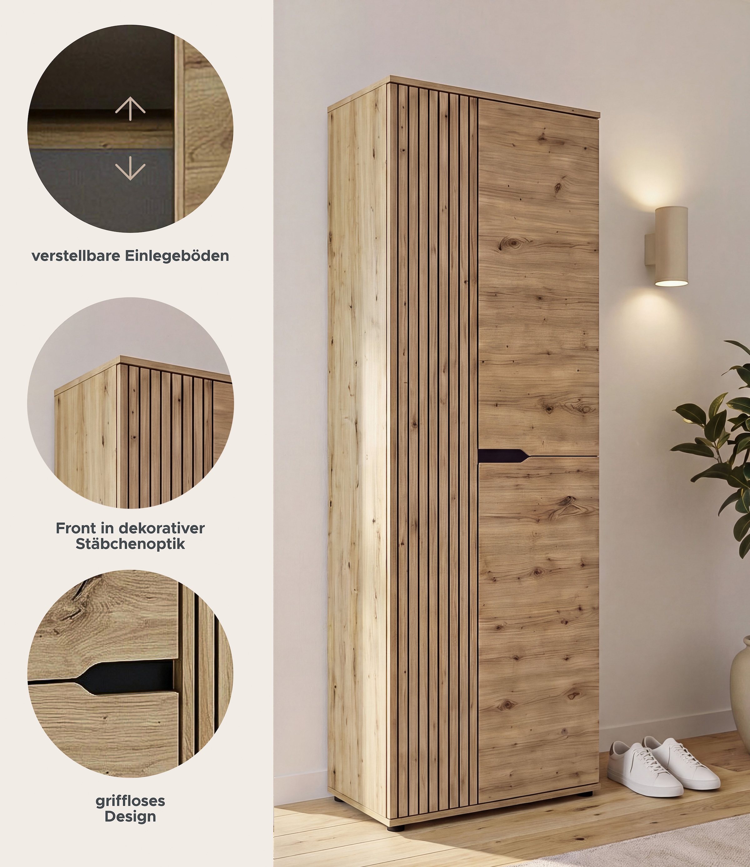 GOODproduct Armoire vestiaire »FJELL, Breite 65cm, 2 Türen, 4 Einlegeböden, 6 Fächer, 1 Kleiderstange« armoire, placard, armoire d'entrée, armoire de couloir, armoire polyvalente