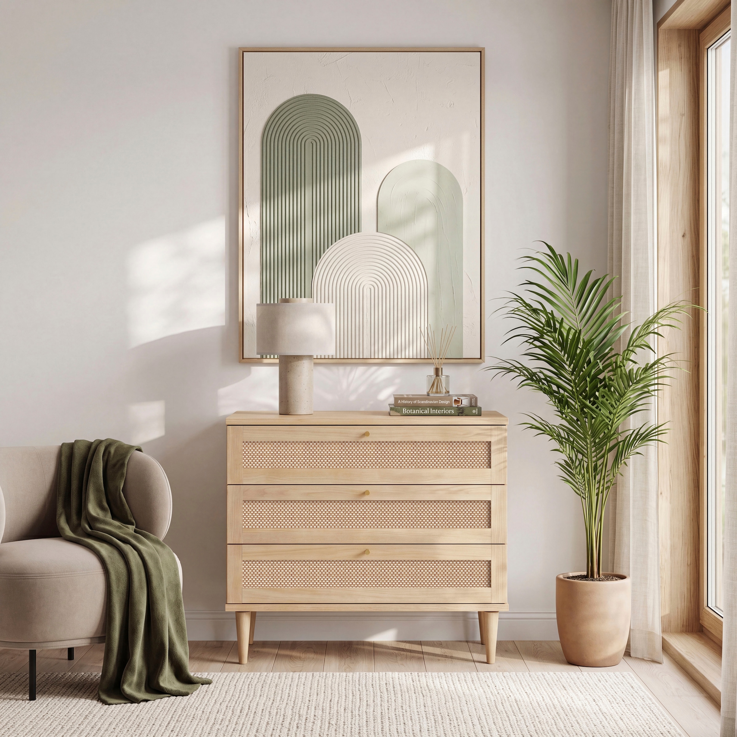 GOODproduct Kommode »ELLIAN mit Geflechtoptik warmes Holzdekor, 3 Schubkästen« Holzfüsse, Metallgriffe, Made in EU, viel Stauraum