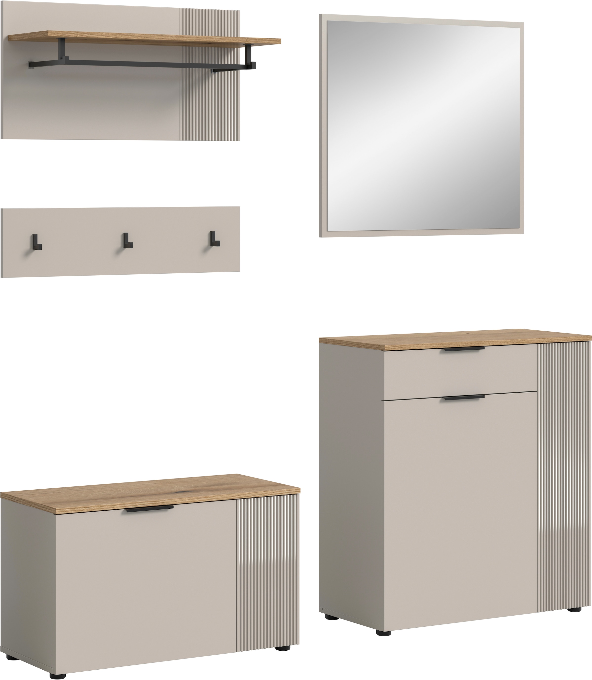 Image of Home affaire Garderoben-Set "EDIL, Breite 175 cm, 5-teilig, Front mit hochwertiger Längstfräsung" Set, best. aus: Sitzbank, Paneel, Hakenleiste, Kommode & Spiegel, 4 Stk. tlg.