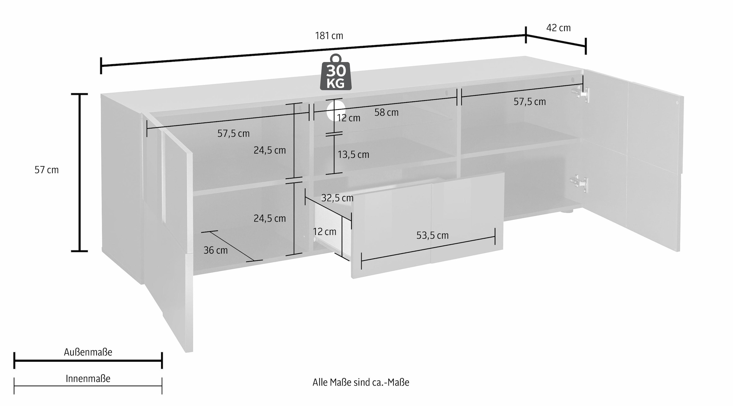 INOSIGN Lowboard »Dama Breite 181 cm, TV-Board 2 Türen, 1 Schubkasten, TV-Schrank«, Front in 3D-Optik, viel Stauraum, verschiedene Farben