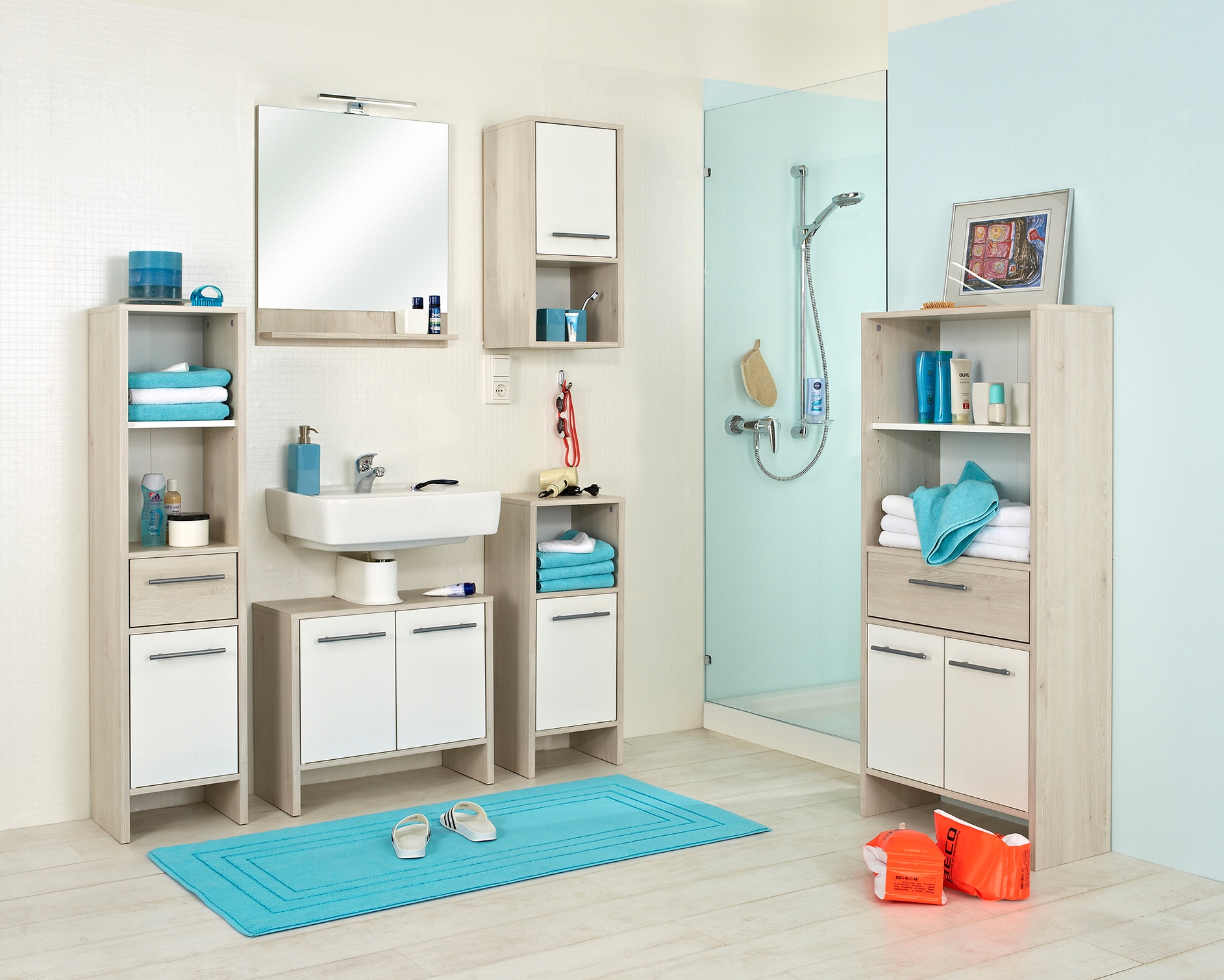 Saphir Midischrank »Quickset 350 Badschrank 33 cm breit, 1 Tür, 1 Schublade, 2 Regalfächer« 1 Stk. tlg. Badezimmer-Midischrank Pinie Ida hell, Griffe alufarbig