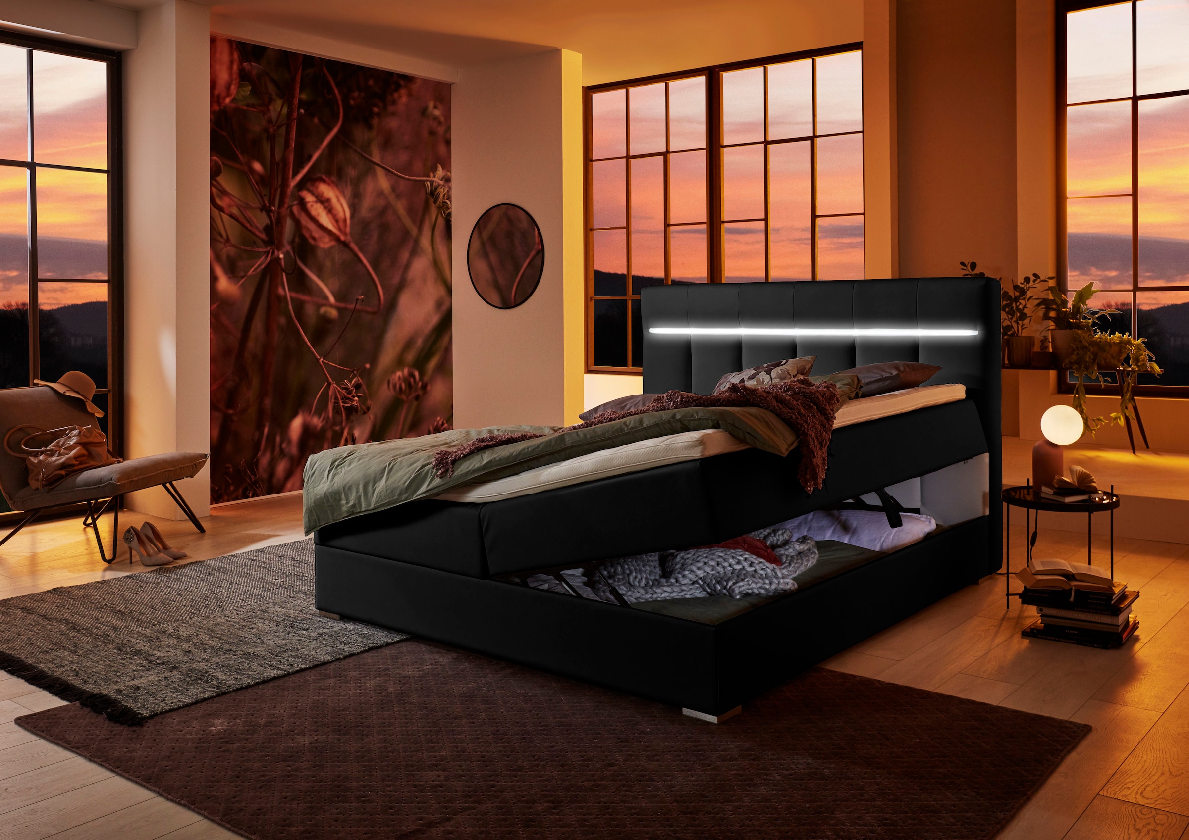 ATLANTIC home collection Lit de boxe »Tessa« avec éclairage LED et coffre de lit