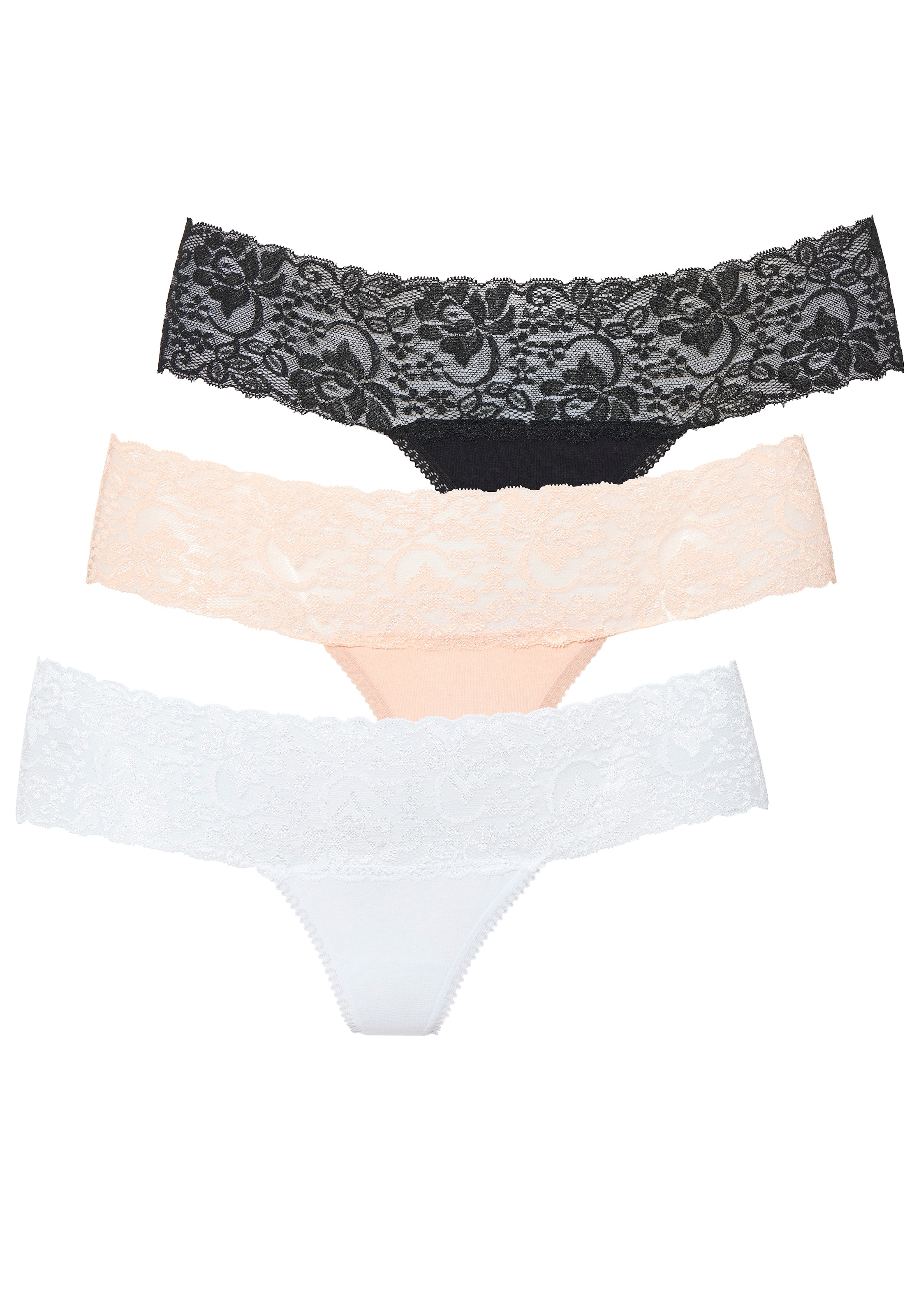 Vivance String pack de 3,  en coton élastique avec dentelle florale