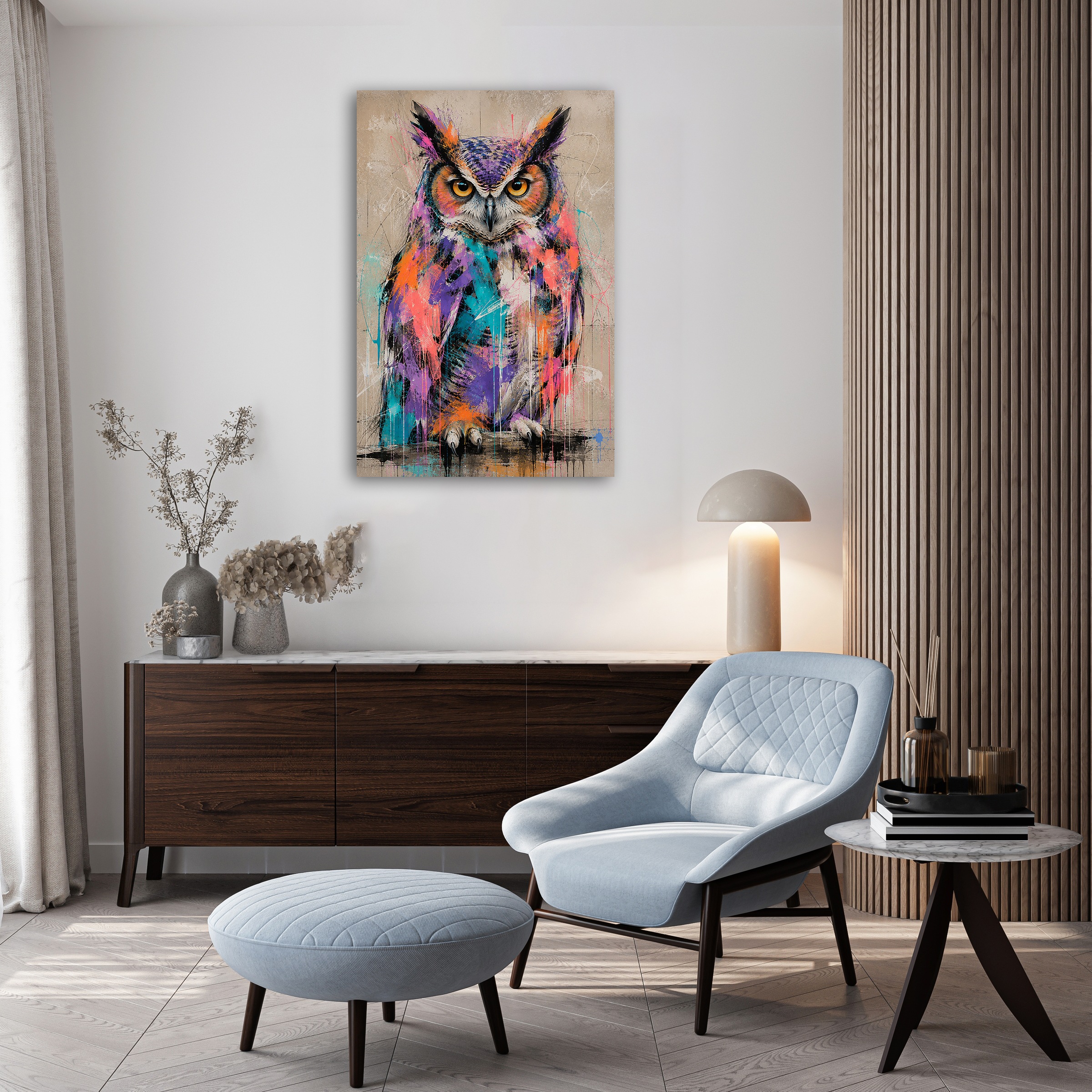 queence Acrylglasbild »Urban Art Bunte Eule / Uhu« Abstrakt | Eulen | Tiere 1 Stk. tlg. Wandbild Wohnzimmerdeko buntes Tiermotiv Abstrakte Kunst