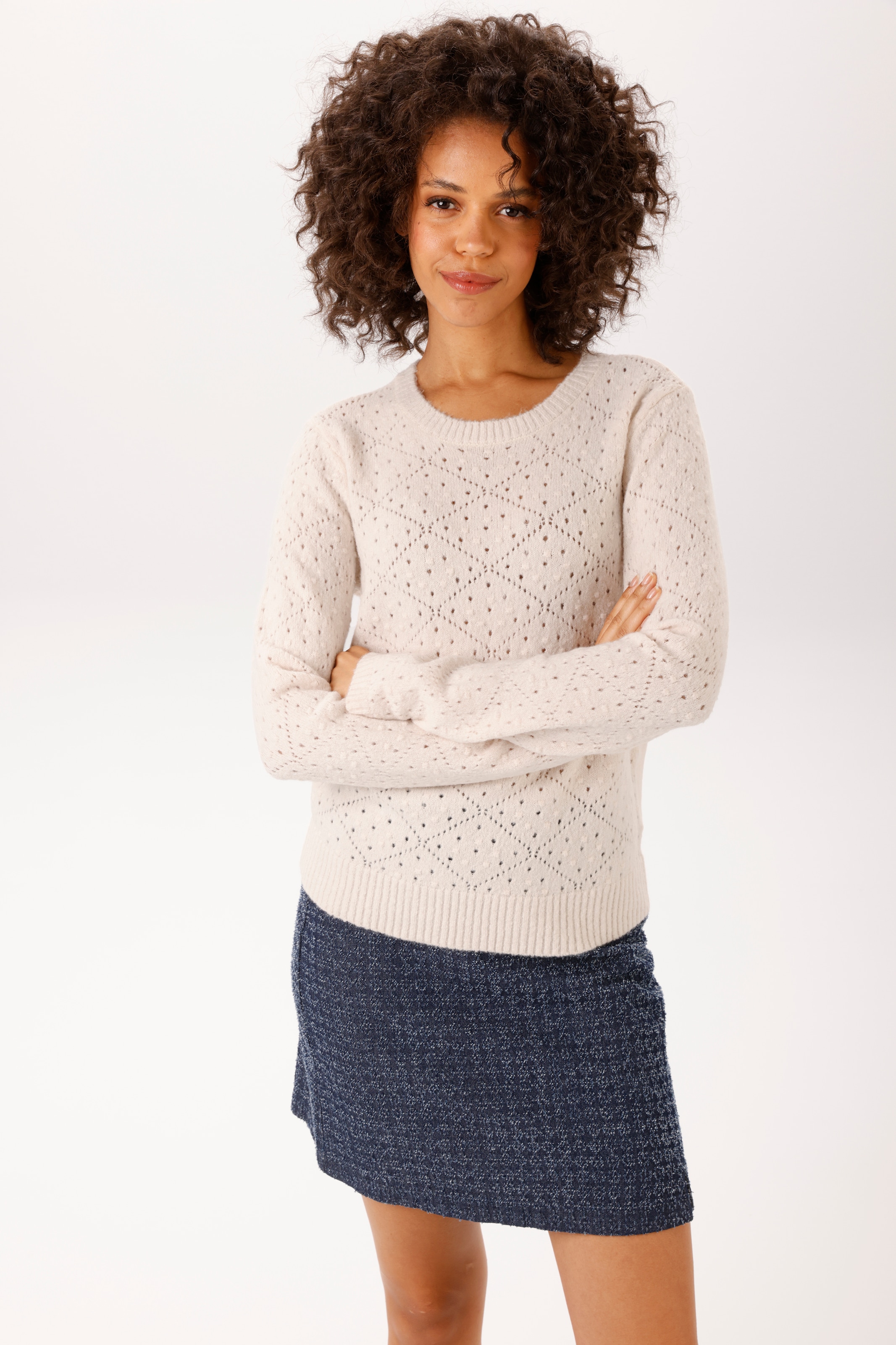Aniston CASUAL Pull en tricot en motif ajouré avec petits carrés tricotés - NOUVELLE COLLECTION