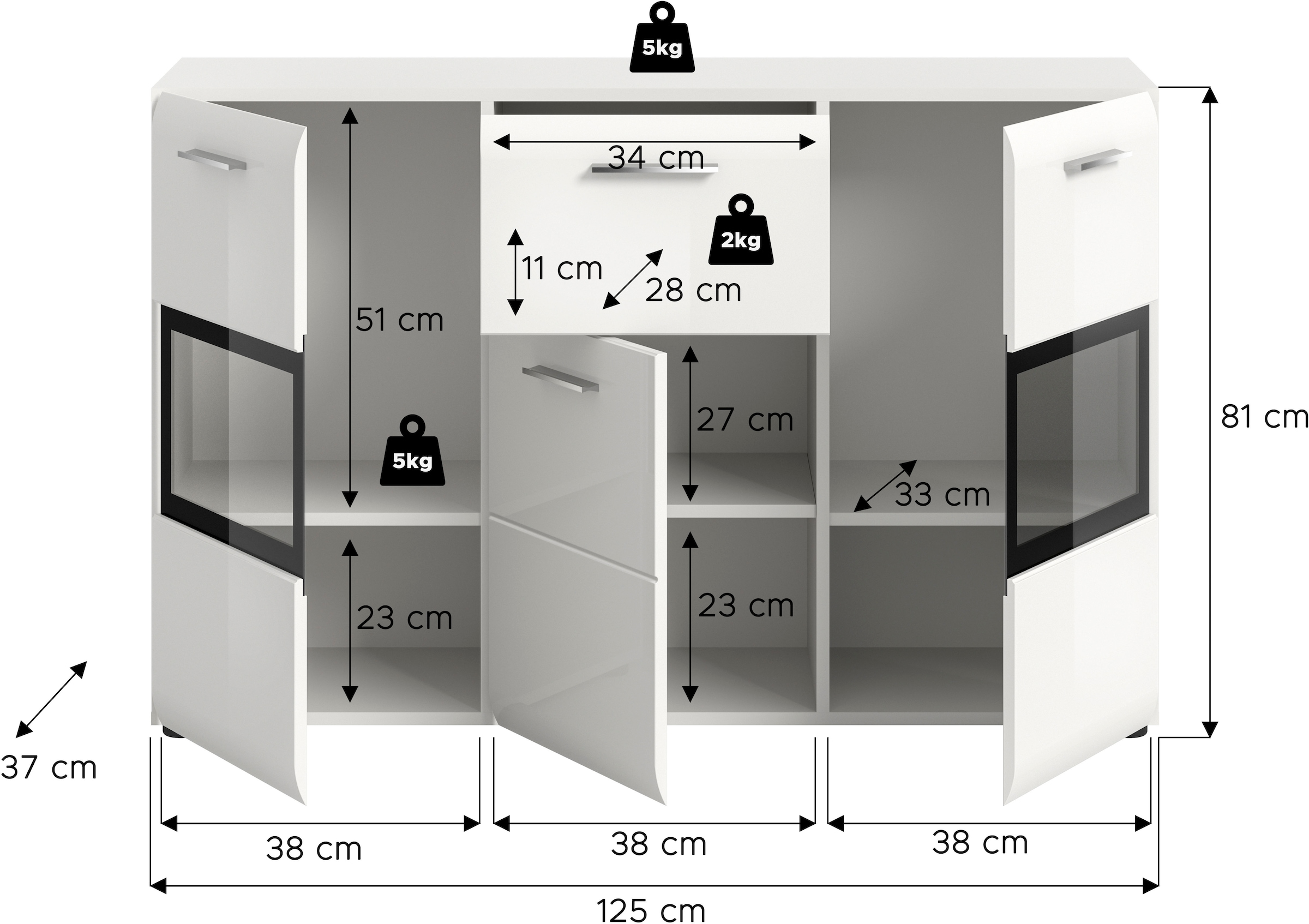 INOSIGN Sideboard »FLORENZ, hochwertige MDF-Front,Rillenfräsung,2 Glastüren,1 Schublade« 1 Stk. tlg. Sideboard, Anrichte, Wohnzimmerschrank