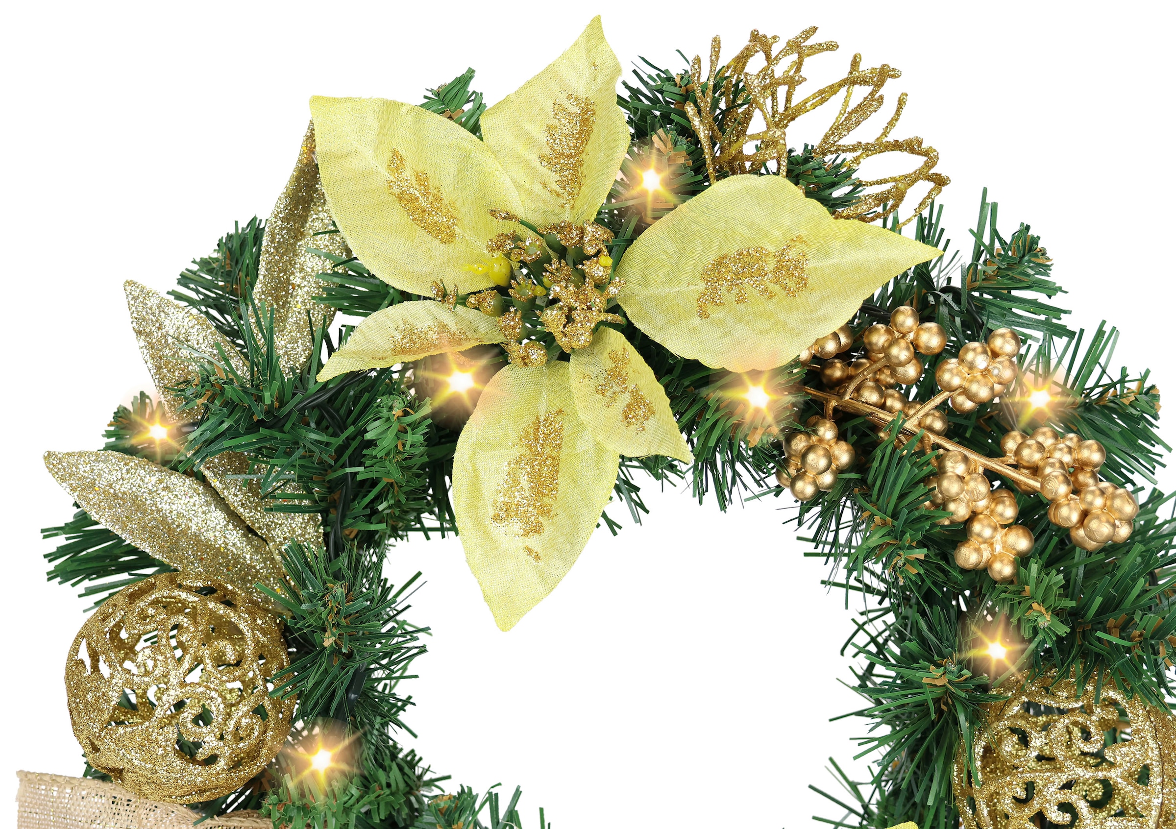 I.GE.A. Kunstkranz »Dekorierter Weihnachtskranz mit LED-Licht« Mit Poinsettia Beeren Tanne Zweige Christbaumkugeln Kranz Adventskranz