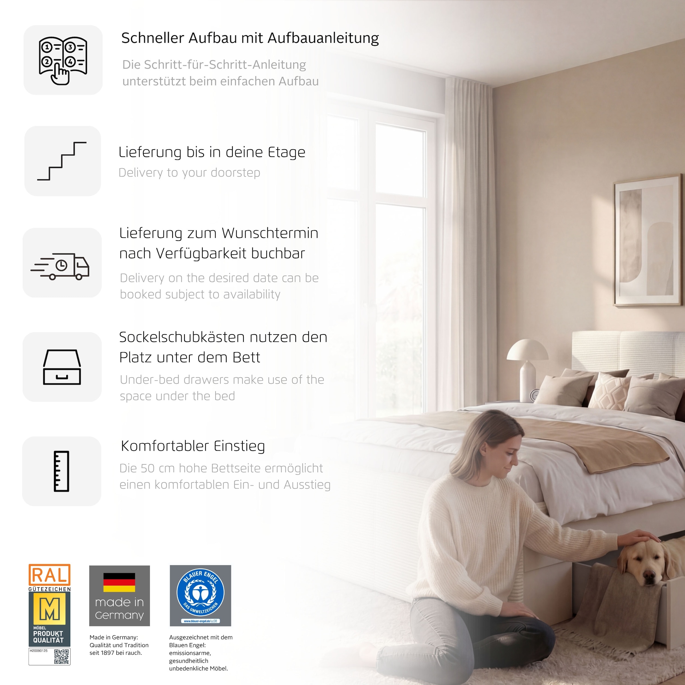 GOODproduct Bett »Doppelbett Polsterbett Stauraumbett AGORDO« 180x200 cm, Kopf- und Fussteil aus Cordstoff oder Webstoff,  praktische Bettschubkästen für zusätzlichen Stauraum MADE IN GERMANY