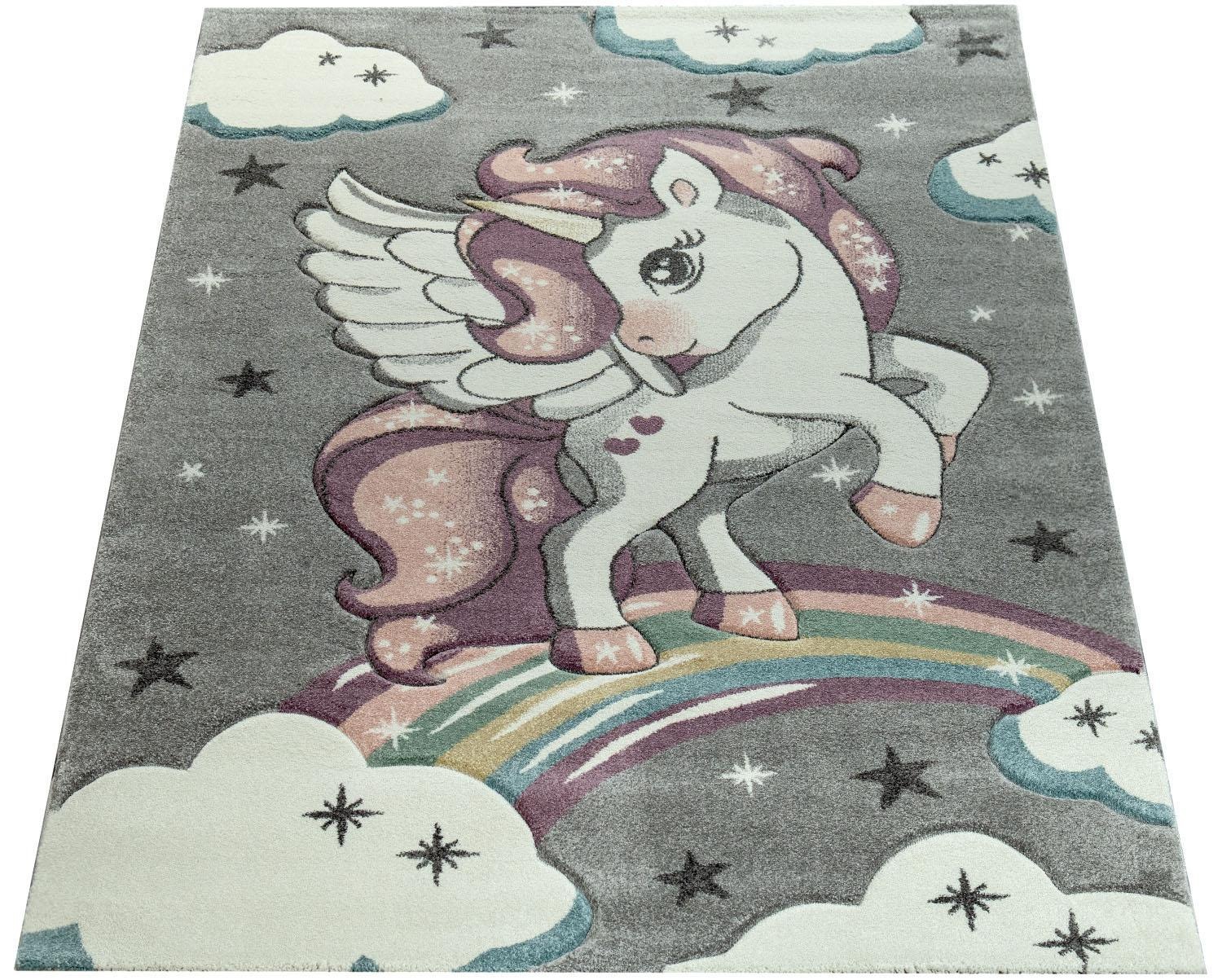 Image of Paco Home Kinderteppich »Cosmo 213«, rechteckig, 12 mm Höhe, 3D-Design, Motiv Einhorn & Regenbogen, Kinderzimmer bei Ackermann Versand Schweiz