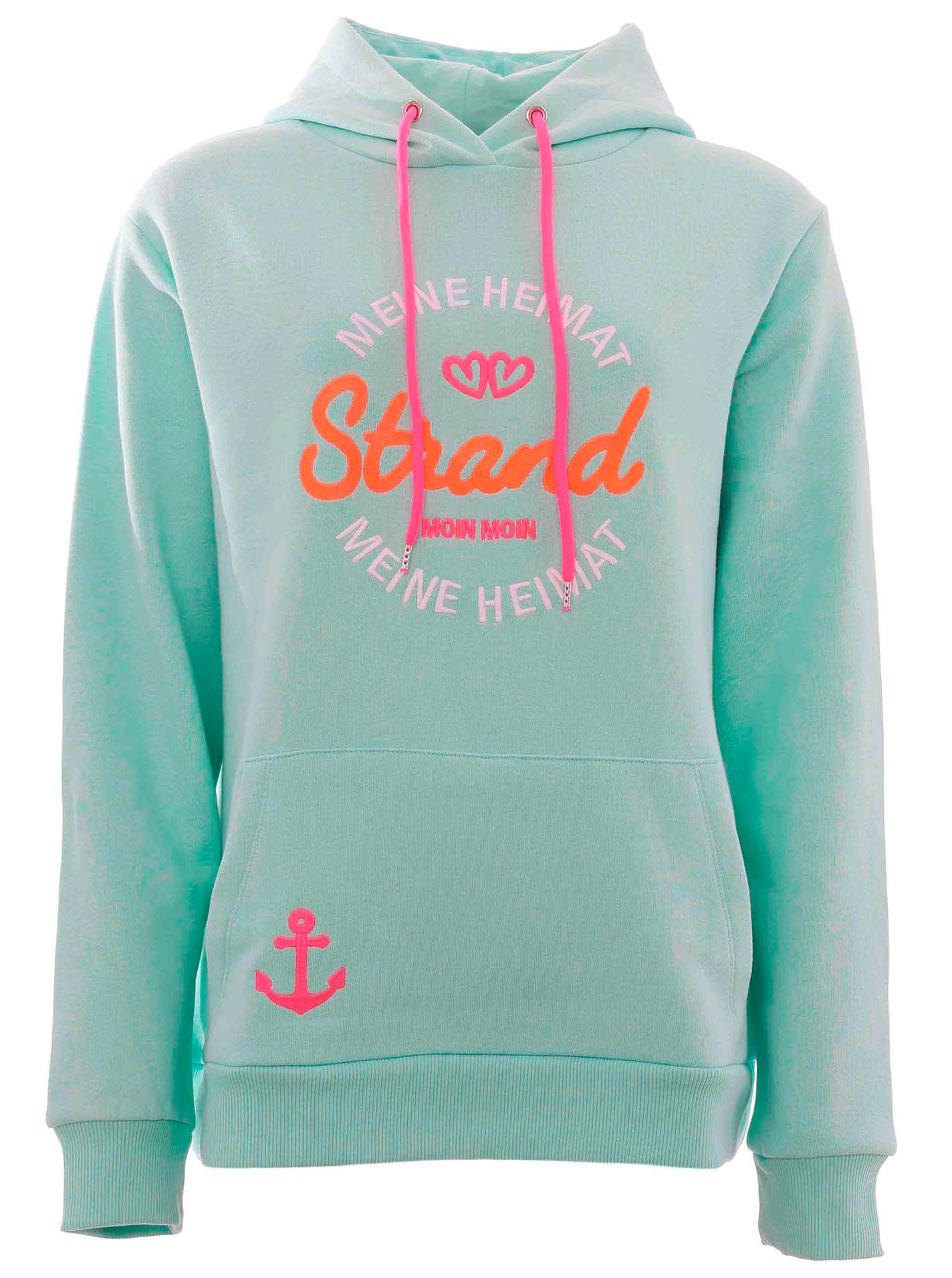 Zwillingsherz Sweatshirt, mit neonfarbenen Kordeln und aufgesticktem "Strand"-Schriftzug