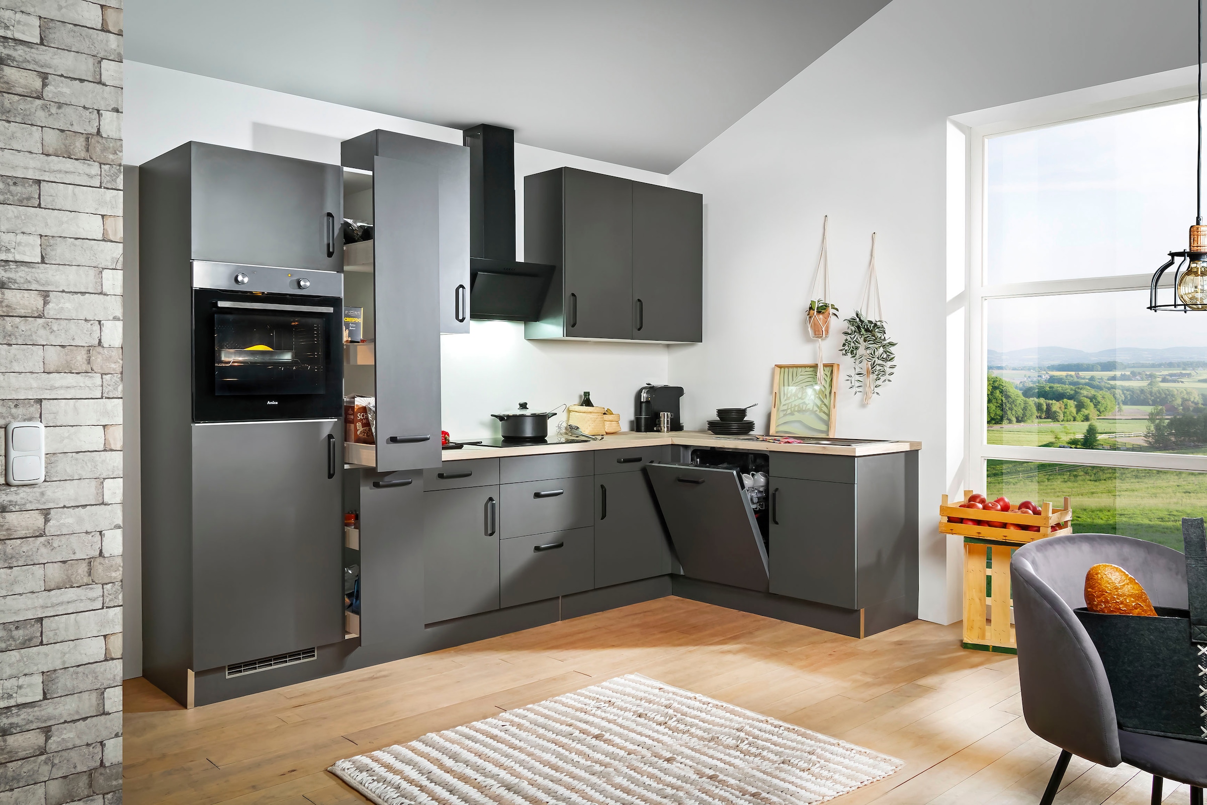 wiho Küchen Winkelküche »"Simi", mit verstellbaren Füssen, wahlweise mit E-Geräten« Soft-Close-Funktion in Schubkästen & Auszügen, Stellbreite 315/175 cm