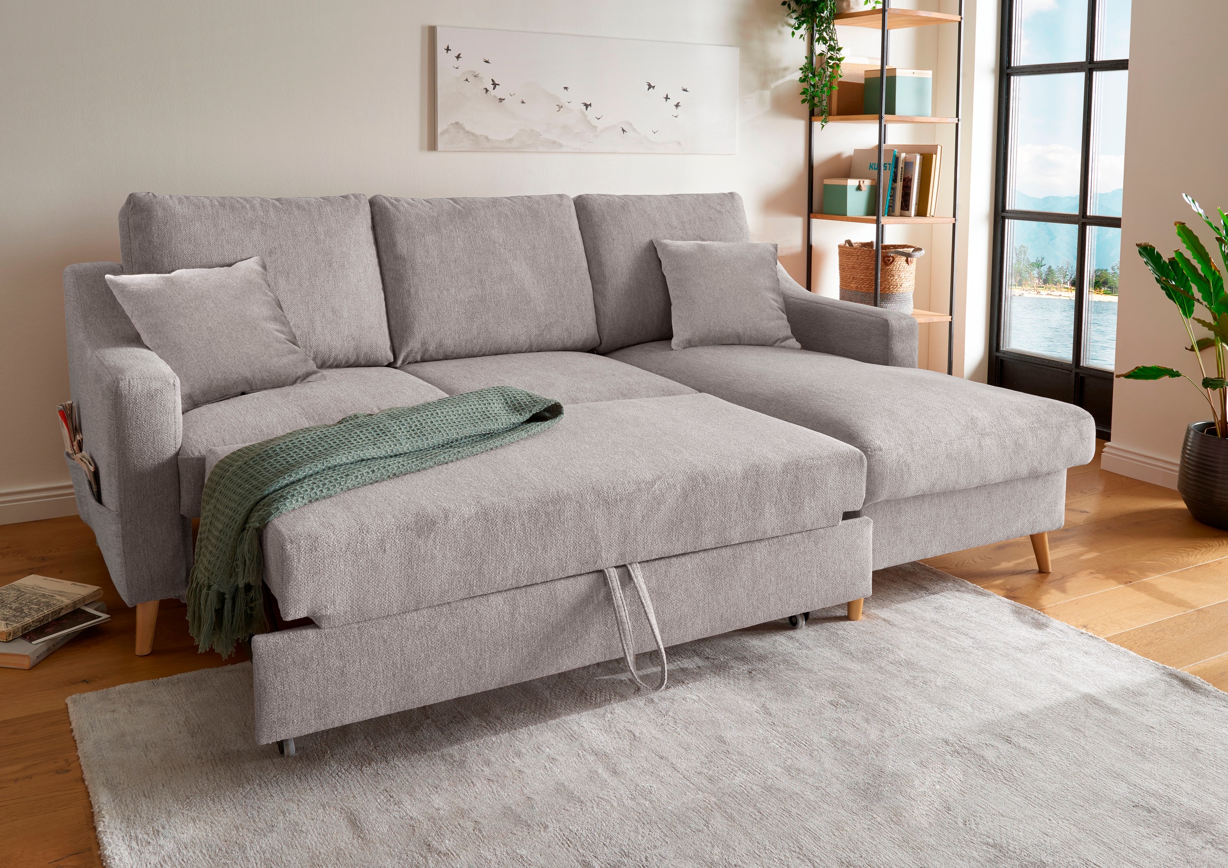 Home affaire Canapé d'angle »Valentina L-Form« 2 Zierkissen, mit Seitentasche, ausziehbarer Liegefläche, Bettkasten