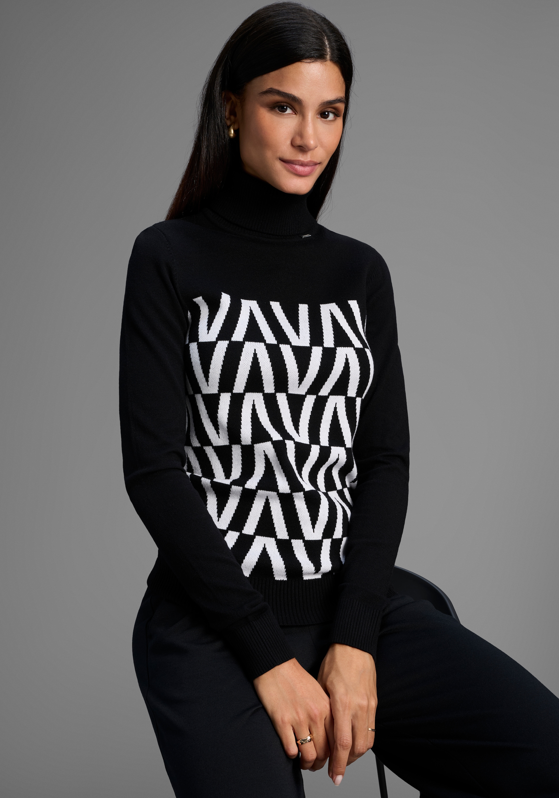 Image of Bruno Banani Stehkragenpullover in grafischem Strickmuster, Rollkragen
