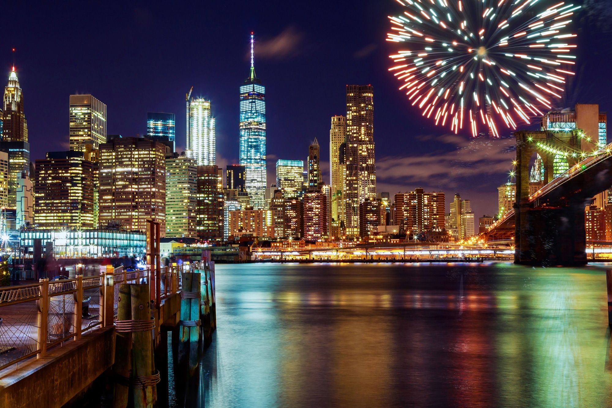 Papermoon Fototapete "MANHATTAN-NEW YORK BROOKLYN BRIDGE FEUERWERK SKYLINE"