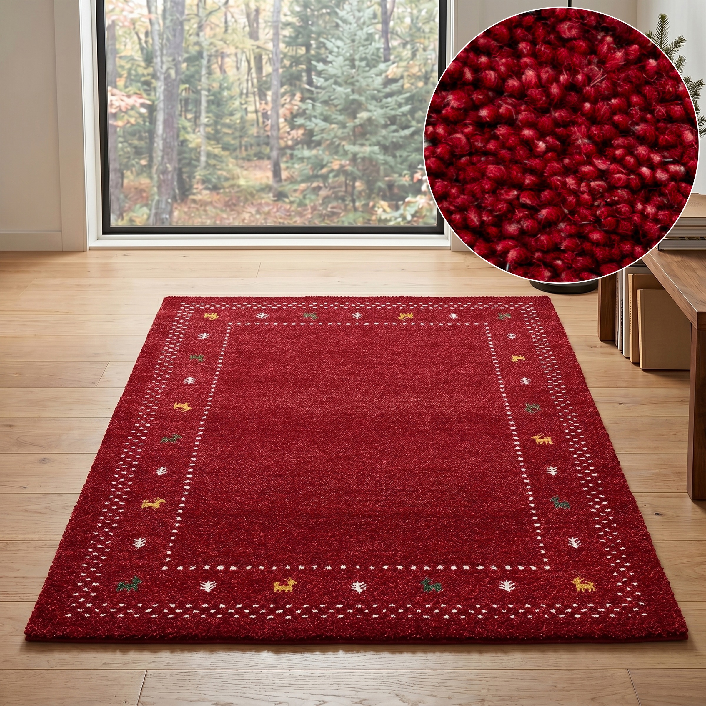 THEKO Tapis en laine »Gabbeh Bordüre, Handgefertigt, Teppich, Tiermotiv, reine Wolle« Rectangulaire 14 mm Höhe salon, chambre, salle à manger