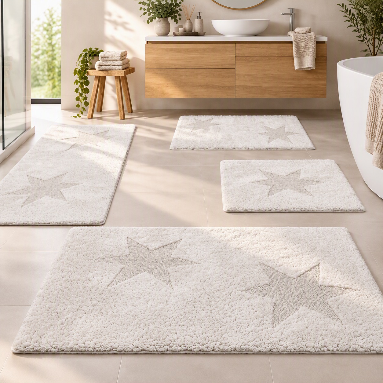 Image of GOODproduct Badematte "Marie, Badvorleger, Badezimmer Teppich" Höhe 13 mm rutschhemmend beschichtet fussbodenheizungsgeeignet strapazierfähig Badteppich, Stern Motiv, Hoch-Tief-Struktur, auch als Set