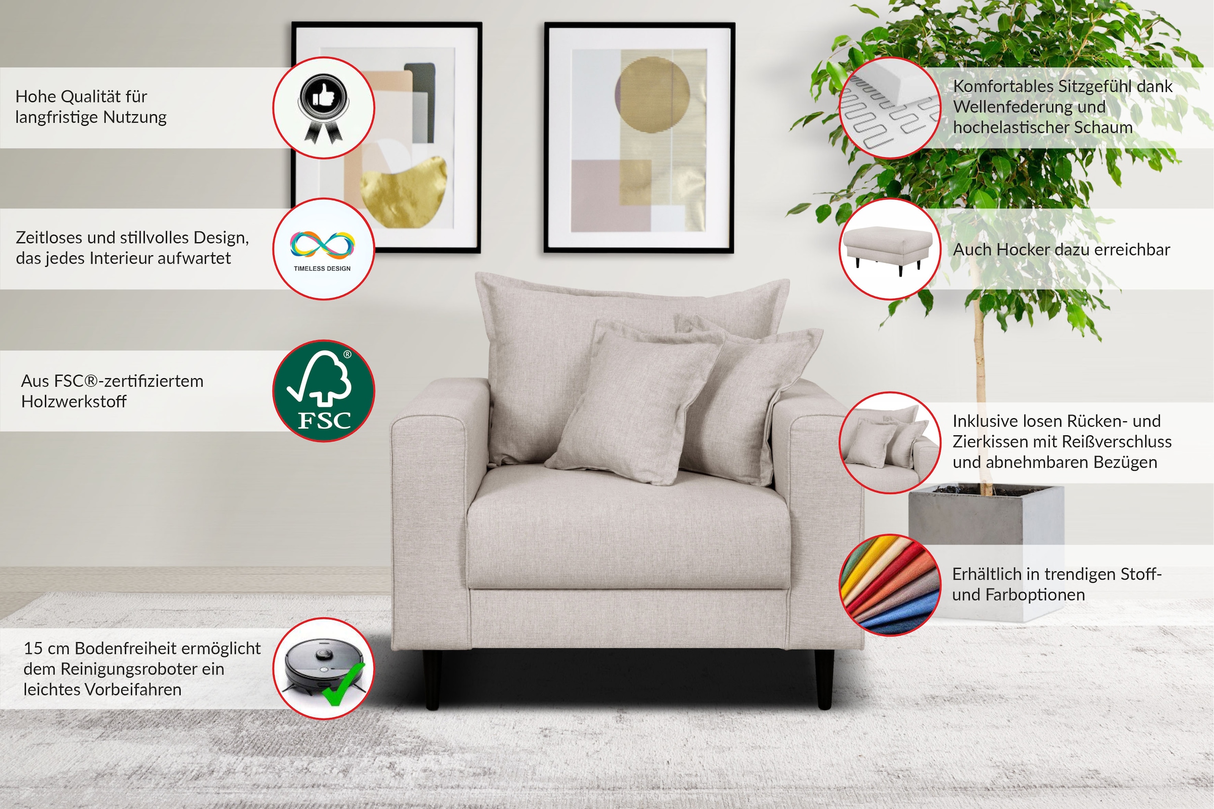 Home affaire Sessel »VEYRAS Loungesessel, Masse B/T/H: 95/84/76 cm«, mit Wellenunterfederung, incl. Kissen