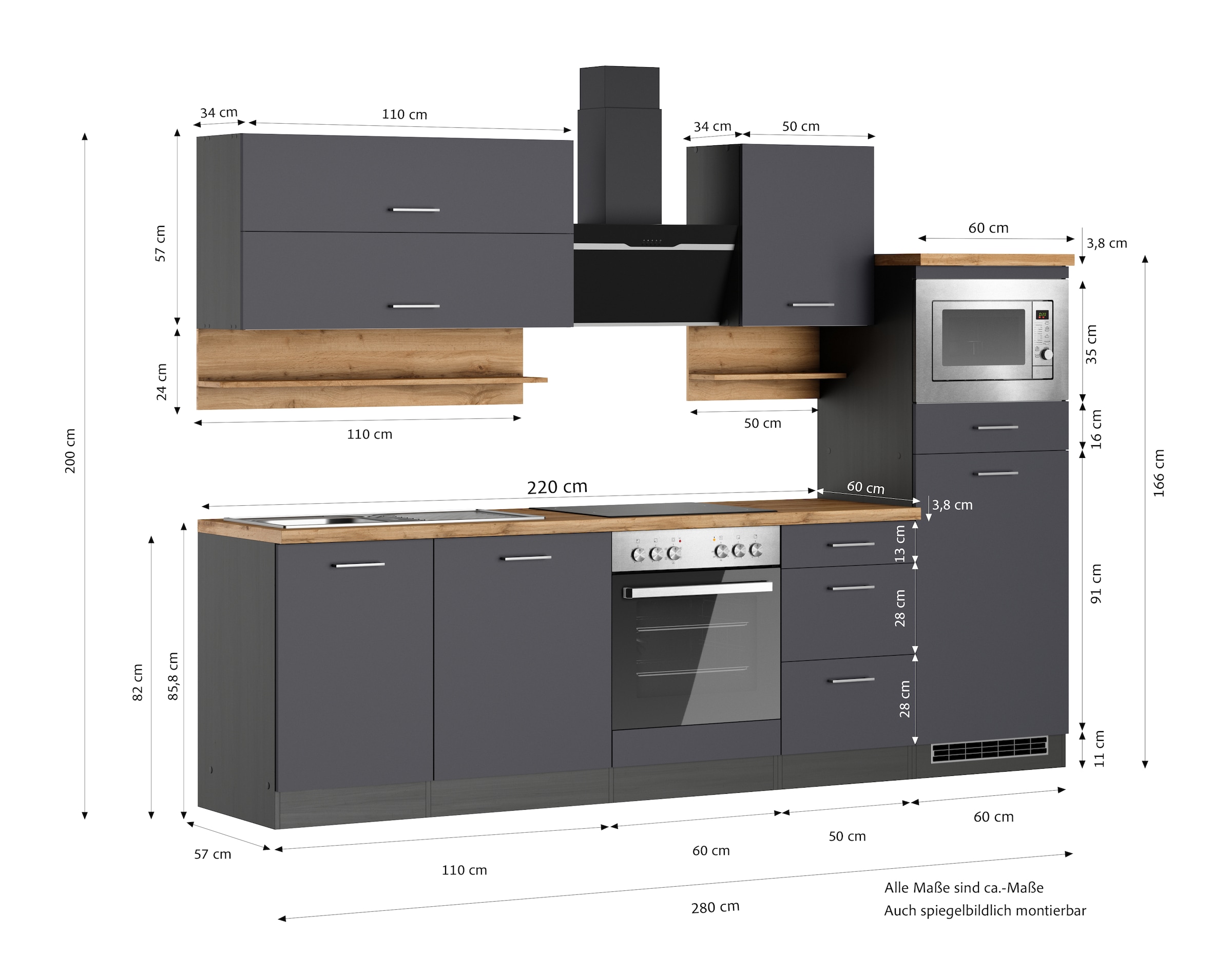KOCHSTATION Kitchenette »KS-Milan« 280 cm de large, rails métalliques robustes, beaucoup d’espace de rangement