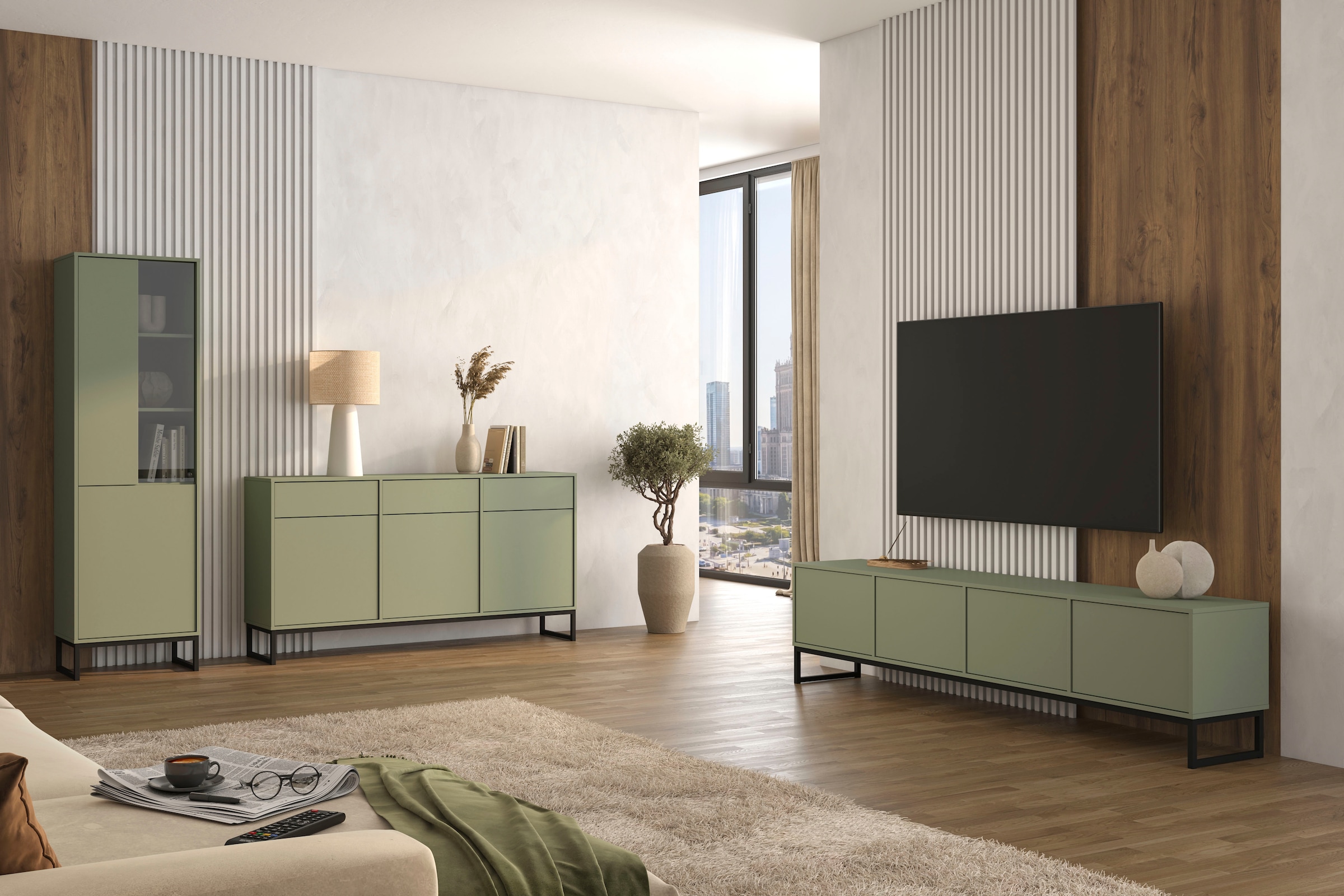 GOODproduct Vitrine »Loft, Höhe 180 cm, moderne Standvitrine mit 2 Türen, Metallkufen« Hochschrank mit viel Stauraum, Glastür und verstellbaren Einlegeböden