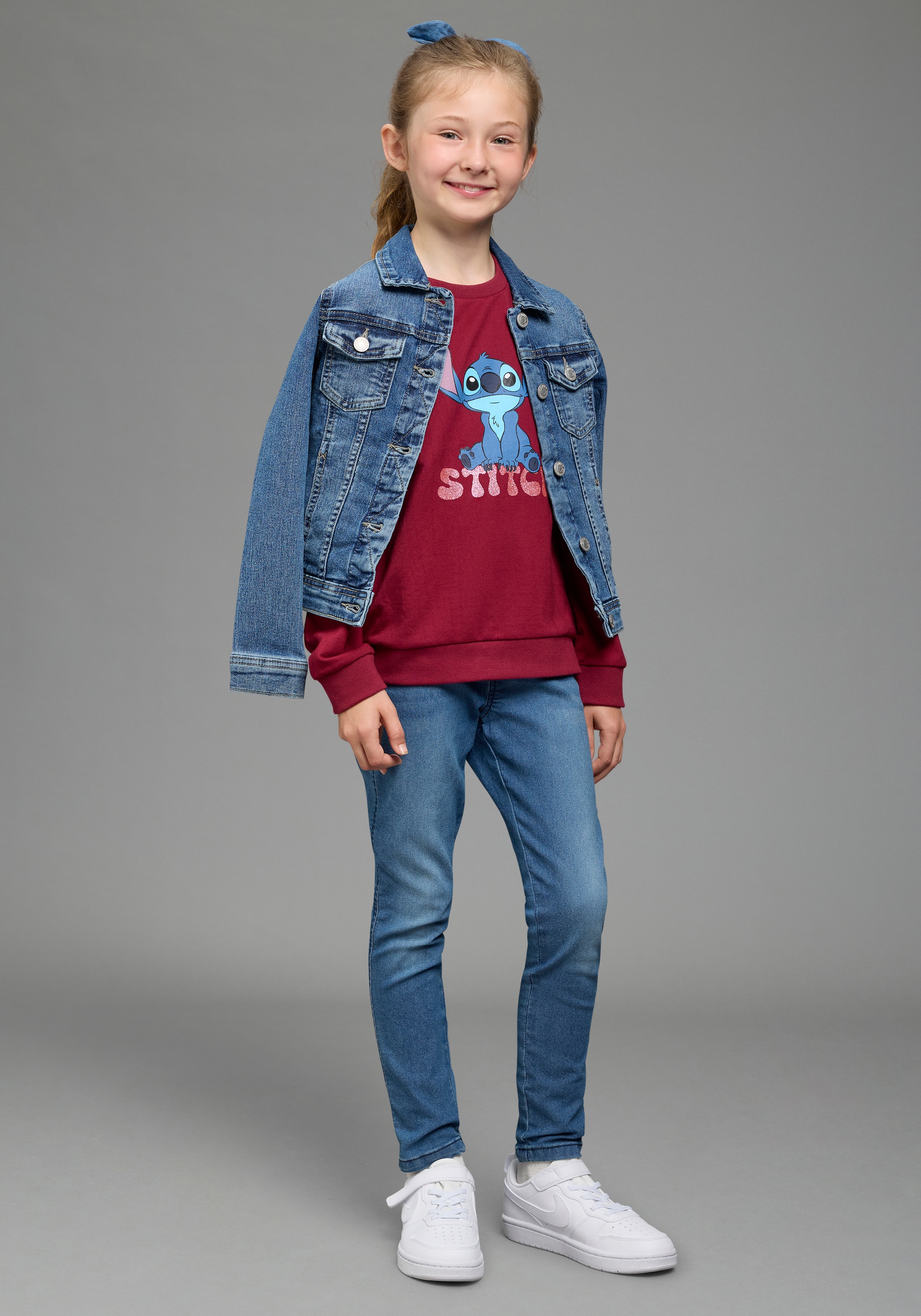 KIDSWORLD Sweat-shirt »STITCH Glitzerprint Sweatshirt, Disney«, avec col rond, bord-côtes, longueur couvrant les hanches
