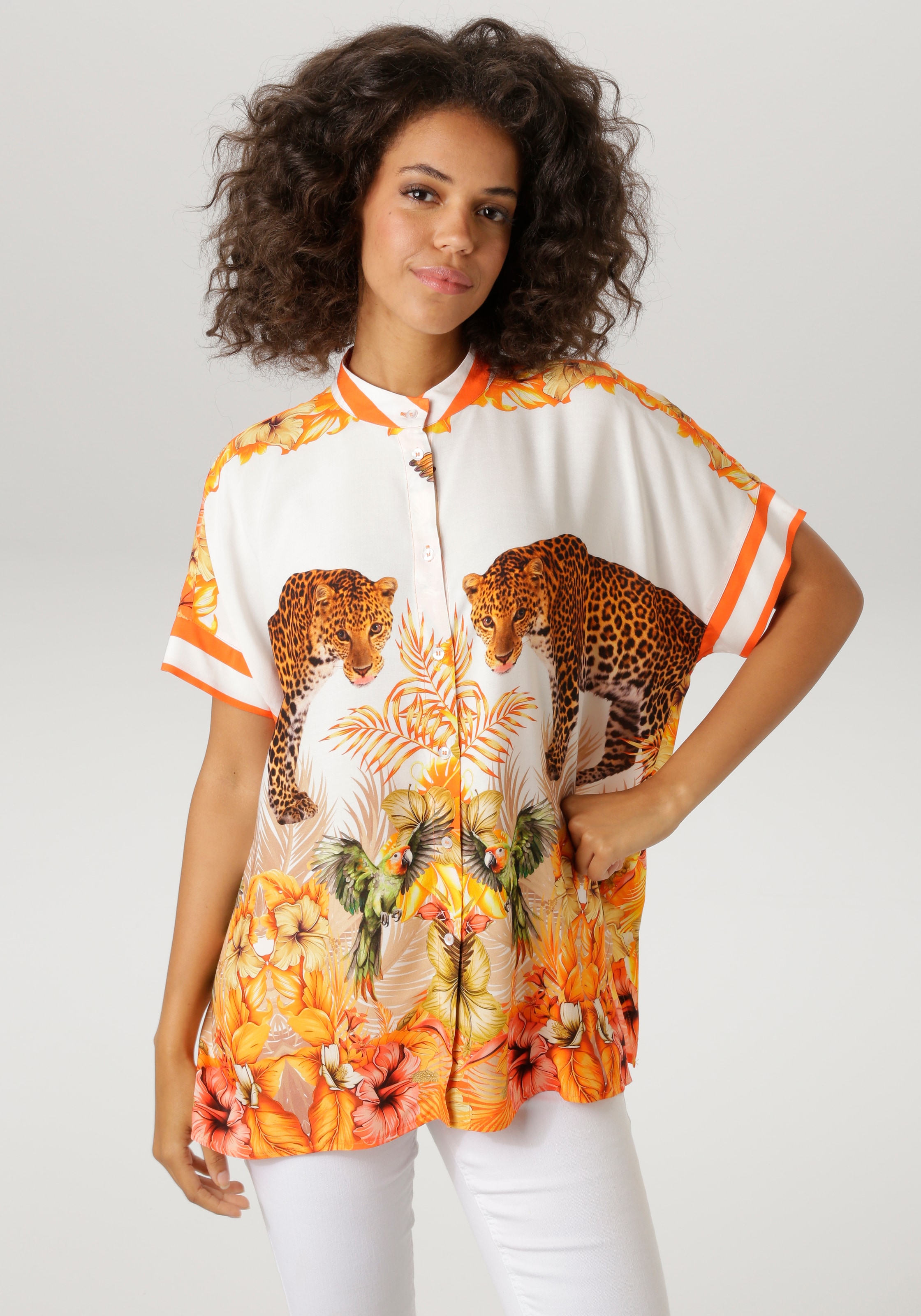 Image of Aniston CASUAL Kurzarmbluse mit Leoparden, tropischen Vögeln, Blüten + Blättern